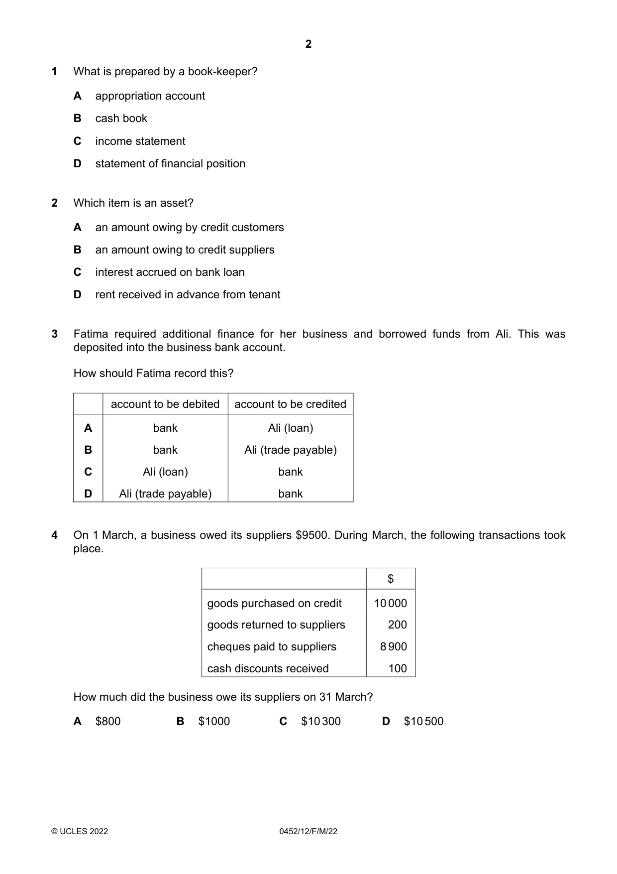 Cambridge IGCSE Accounting 0452 2022 Feb/March Paper 1 · Variant 2 question paper, page 2 of 12