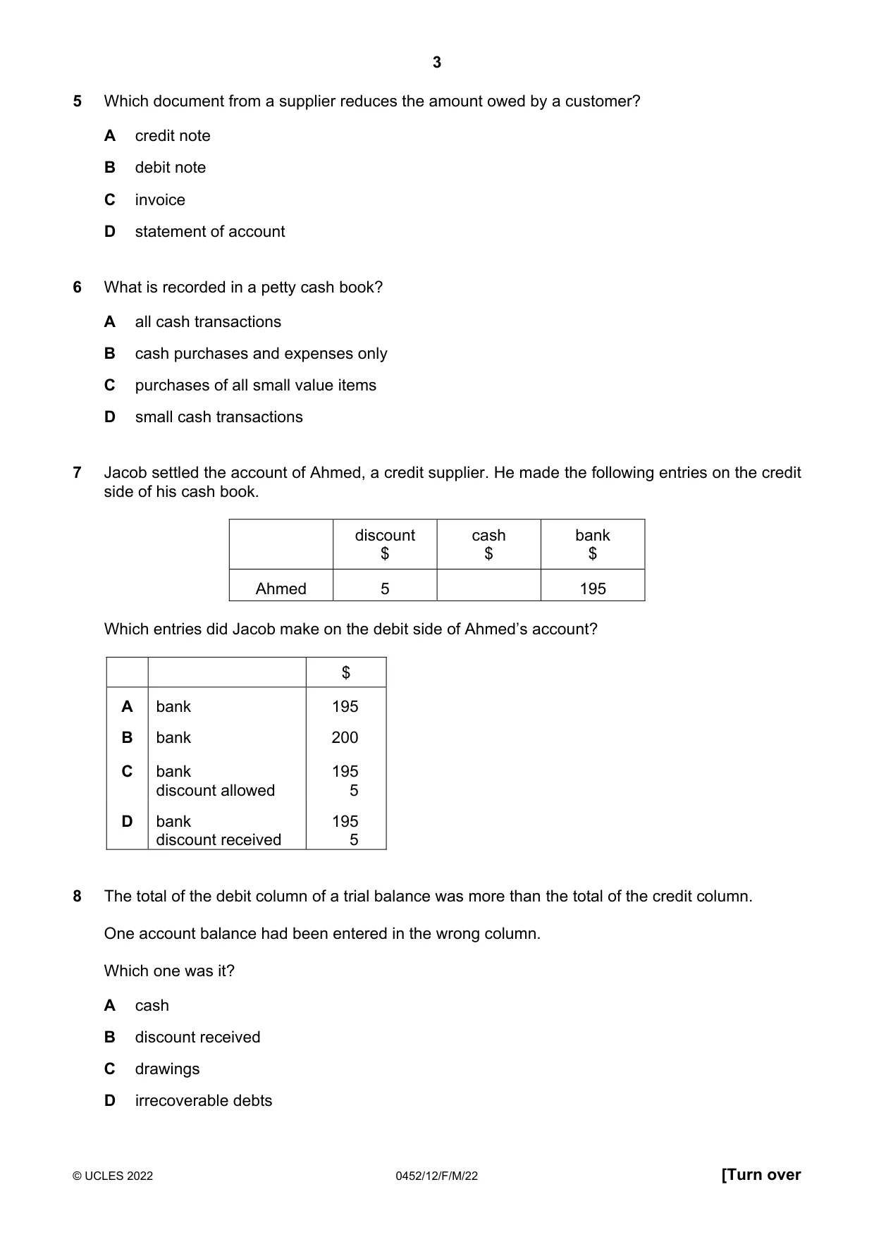 Cambridge IGCSE Accounting 0452 2022 Feb/March Paper 1 · Variant 2 question paper, page 3 of 12