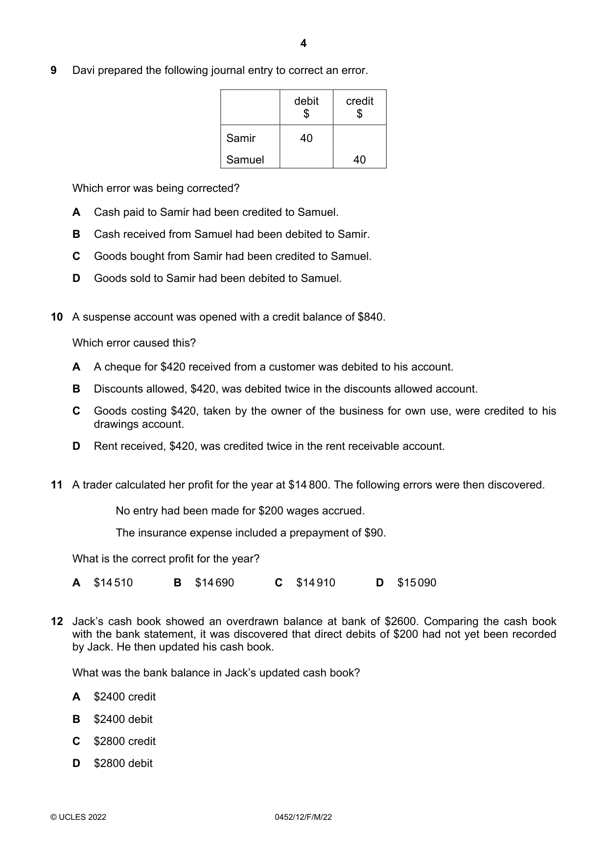 Cambridge IGCSE Accounting 0452 2022 Feb/March Paper 1 · Variant 2 question paper, page 4 of 12
