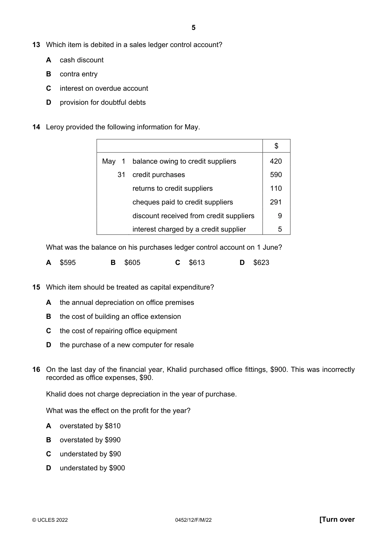 Cambridge IGCSE Accounting 0452 2022 Feb/March Paper 1 · Variant 2 question paper, page 5 of 12