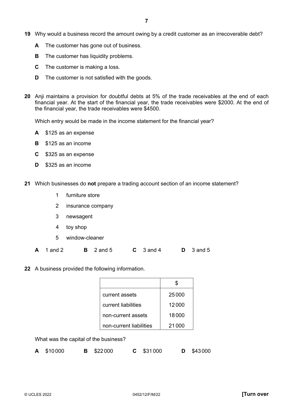 Cambridge IGCSE Accounting 0452 2022 Feb/March Paper 1 · Variant 2 question paper, page 7 of 12