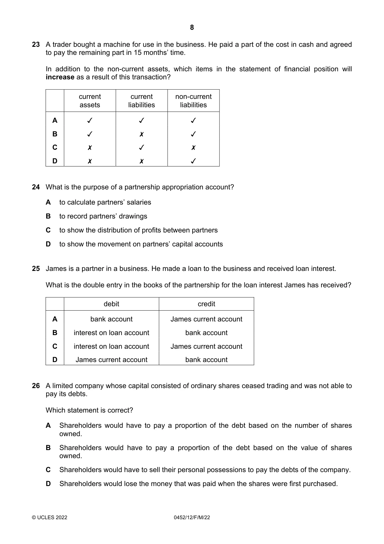 Cambridge IGCSE Accounting 0452 2022 Feb/March Paper 1 · Variant 2 question paper, page 8 of 12