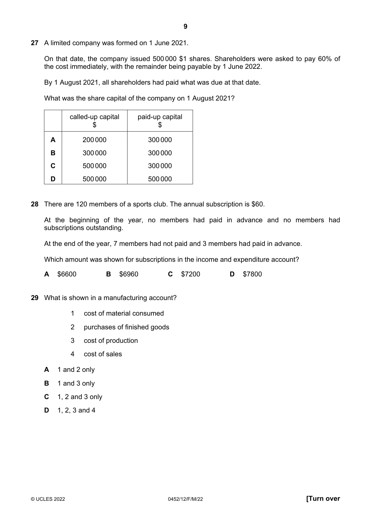 Cambridge IGCSE Accounting 0452 2022 Feb/March Paper 1 · Variant 2 question paper, page 9 of 12
