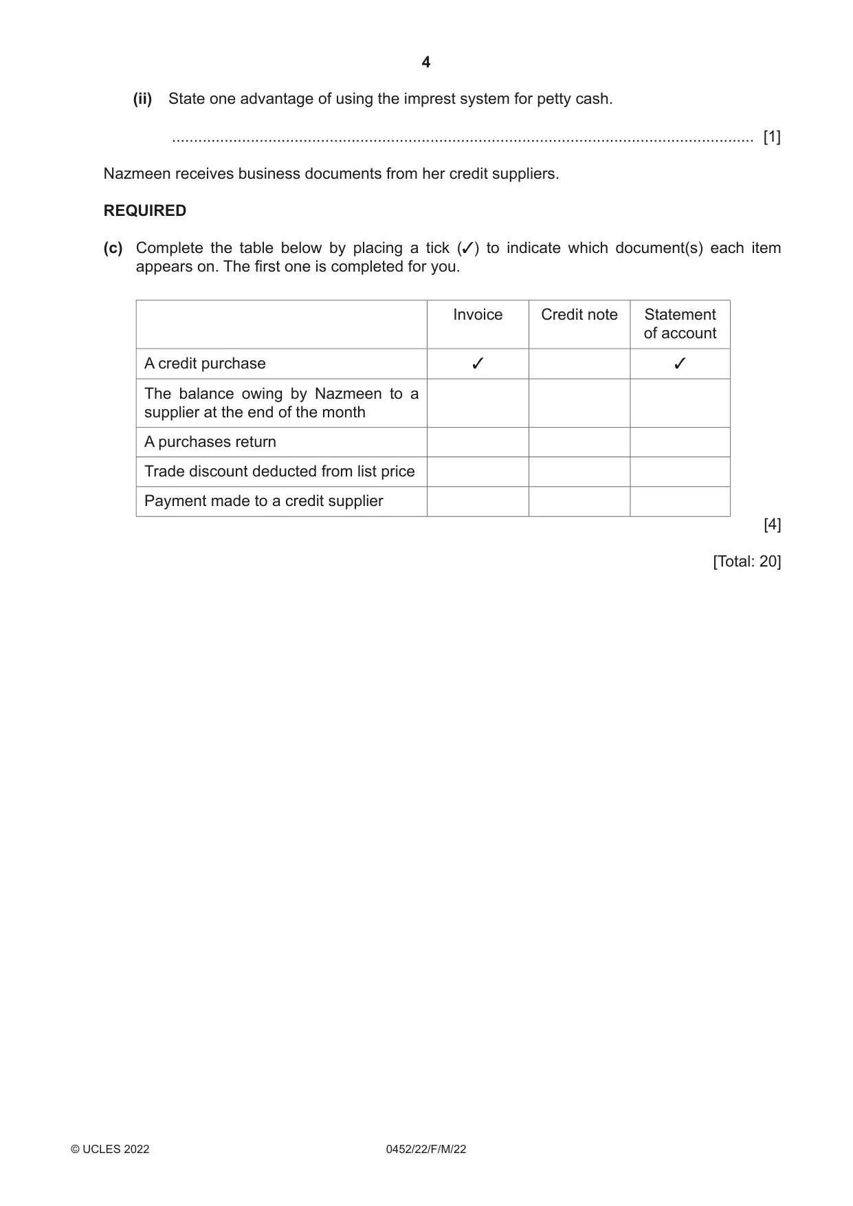 Cambridge IGCSE Accounting 0452 2022 Feb/March Paper 2 · Variant 2 question paper, page 4 of 20