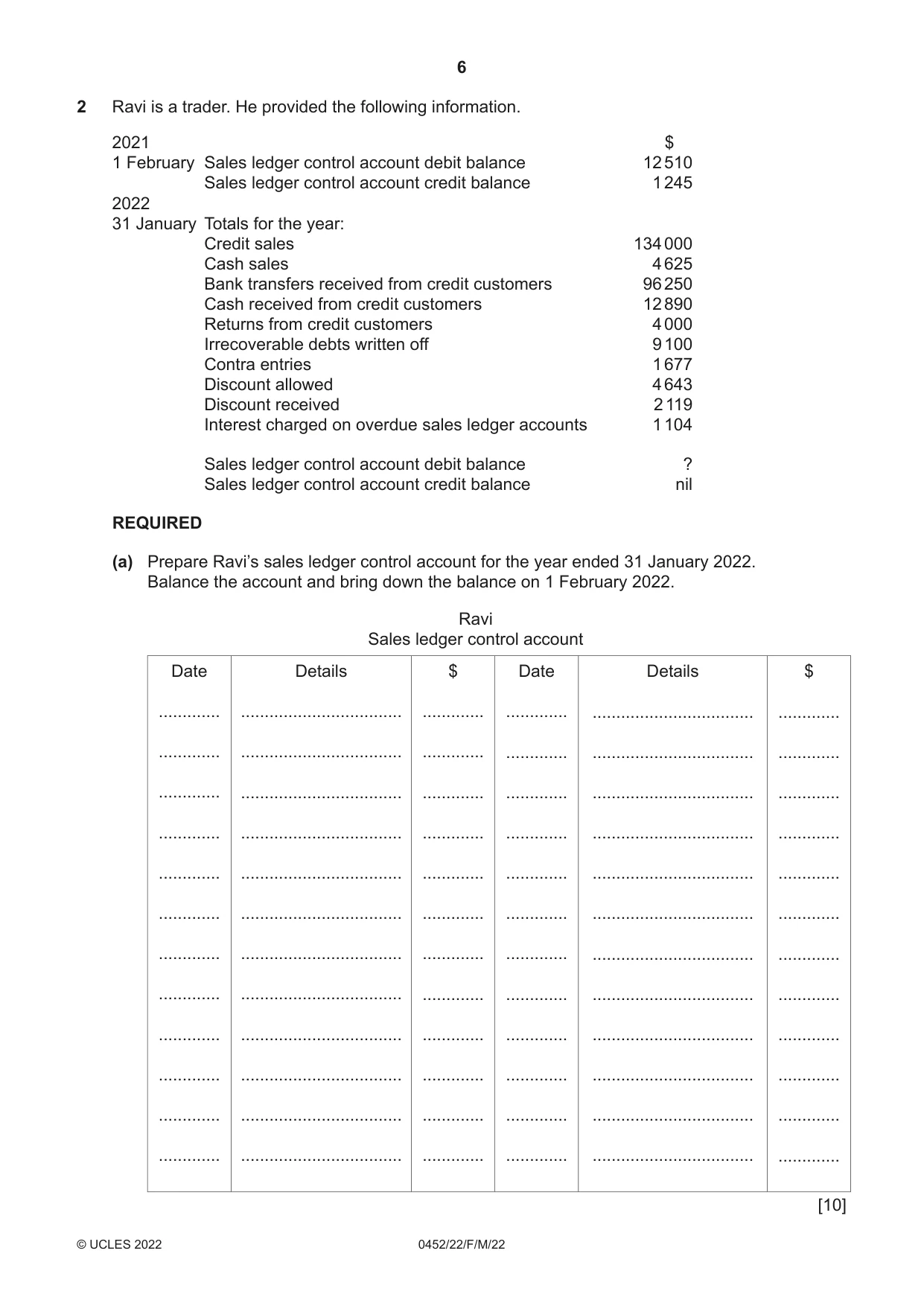 Cambridge IGCSE Accounting 0452 2022 Feb/March Paper 2 · Variant 2 question paper, page 6 of 20