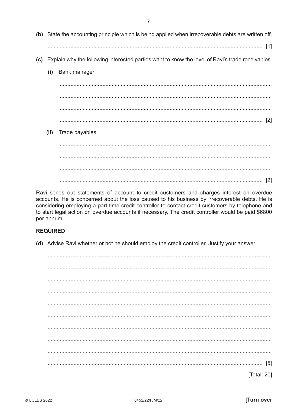 Cambridge IGCSE Accounting 0452 2022 Feb/March Paper 2 · Variant 2 question paper, page 7 of 20