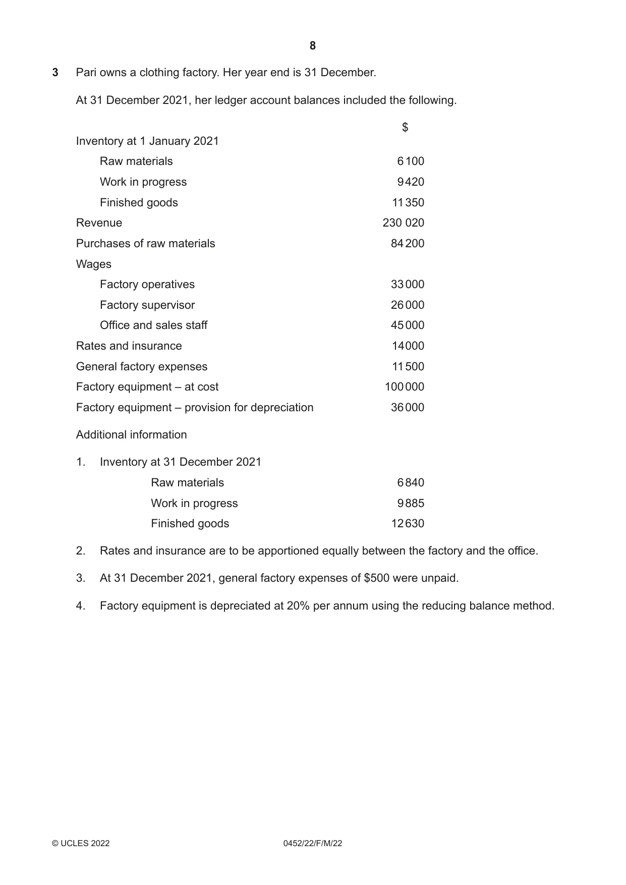 Cambridge IGCSE Accounting 0452 2022 Feb/March Paper 2 · Variant 2 question paper, page 8 of 20