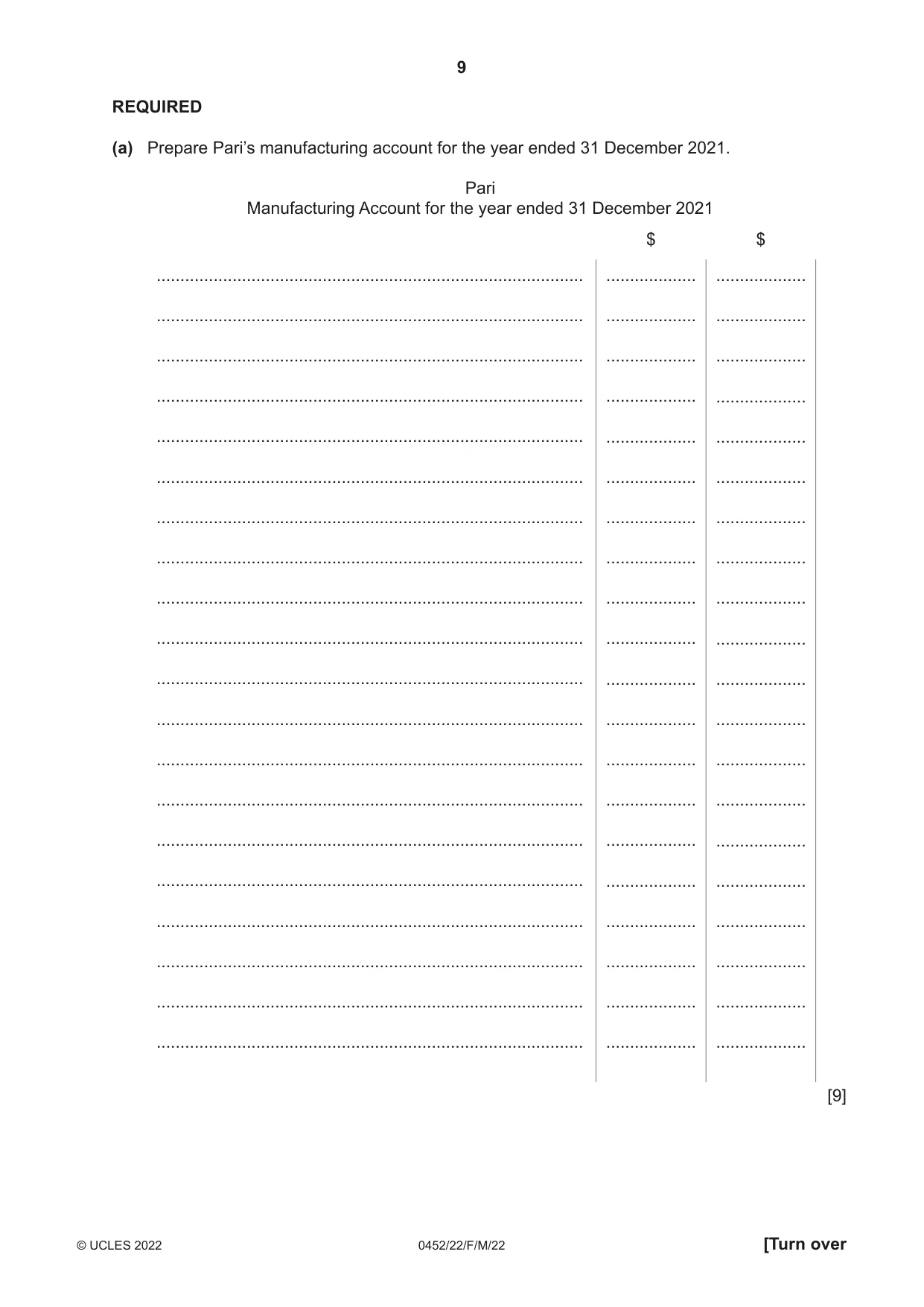 Cambridge IGCSE Accounting 0452 2022 Feb/March Paper 2 · Variant 2 question paper, page 9 of 20