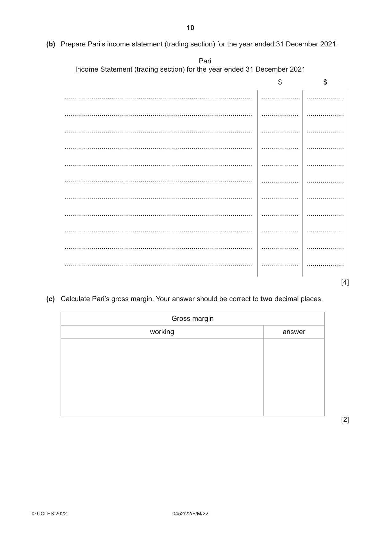 Cambridge IGCSE Accounting 0452 2022 Feb/March Paper 2 · Variant 2 question paper, page 10 of 20
