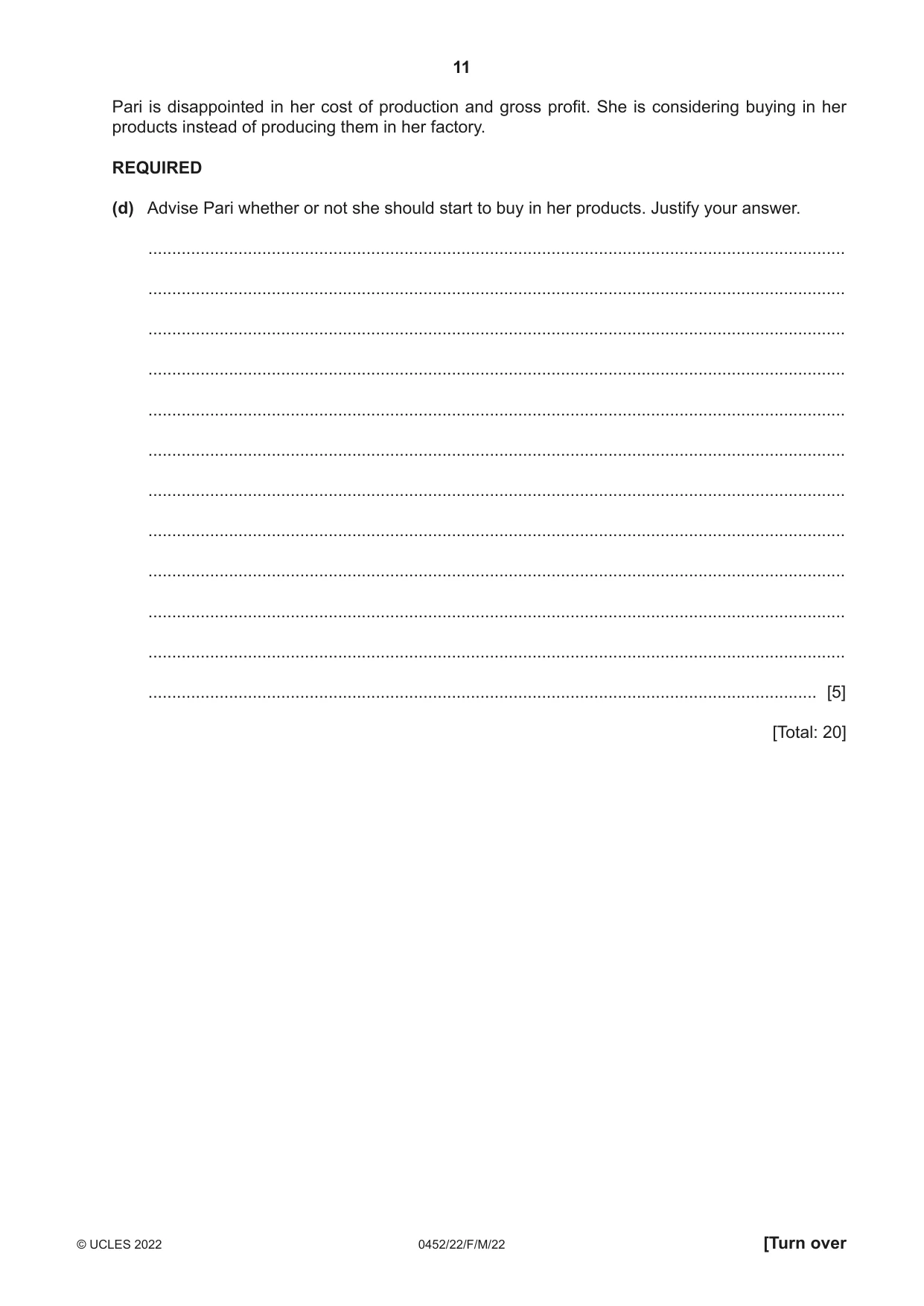 Cambridge IGCSE Accounting 0452 2022 Feb/March Paper 2 · Variant 2 question paper, page 11 of 20