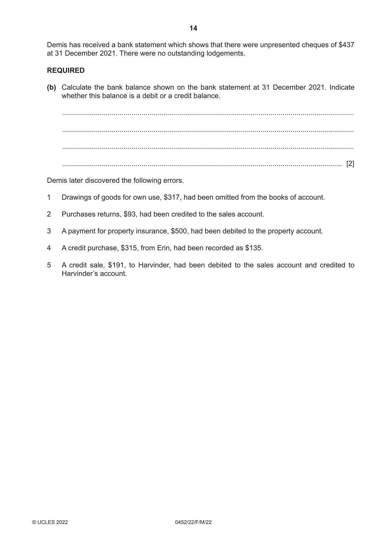 Cambridge IGCSE Accounting 0452 2022 Feb/March Paper 2 · Variant 2 question paper, page 14 of 20