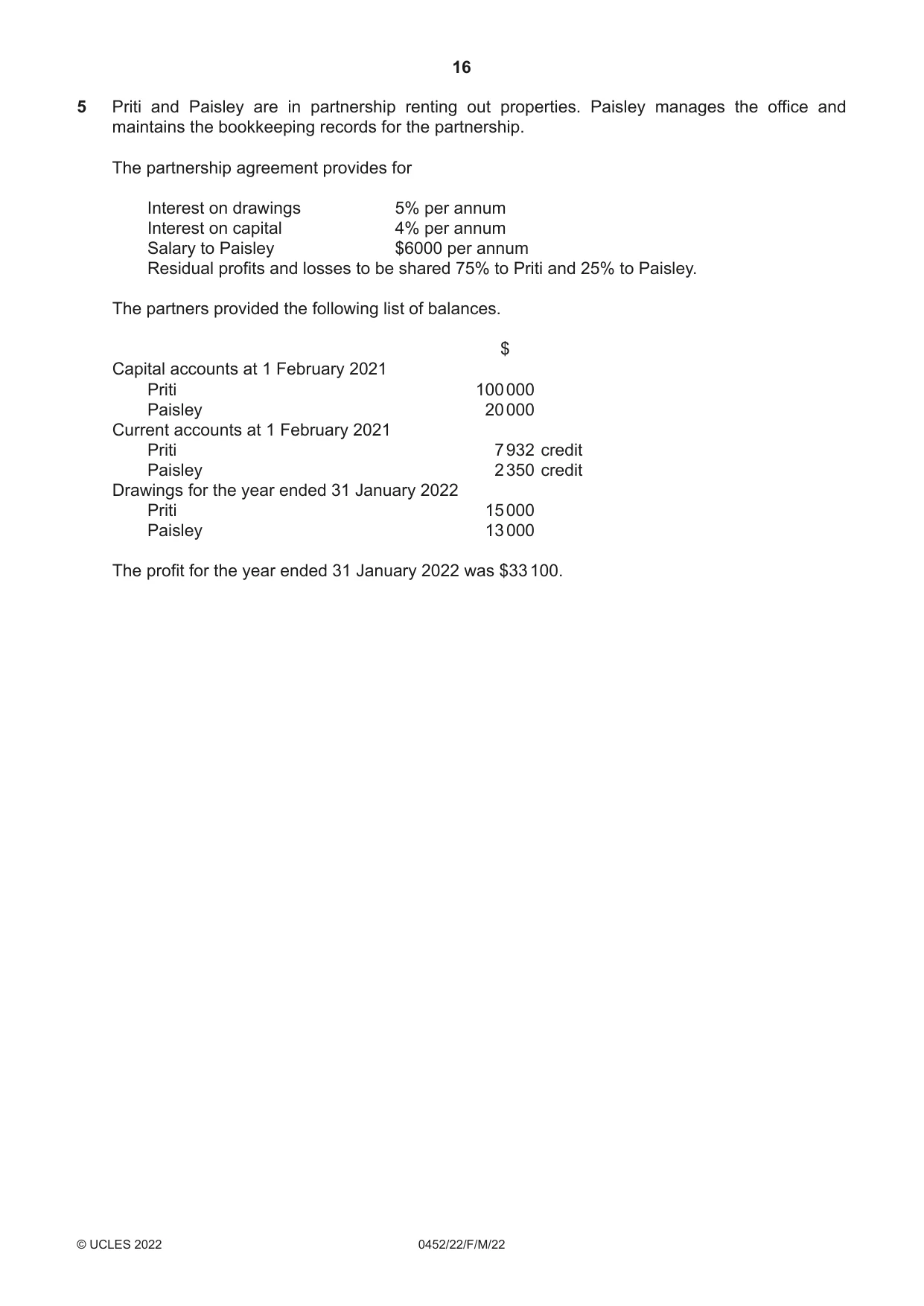 Cambridge IGCSE Accounting 0452 2022 Feb/March Paper 2 · Variant 2 question paper, page 16 of 20