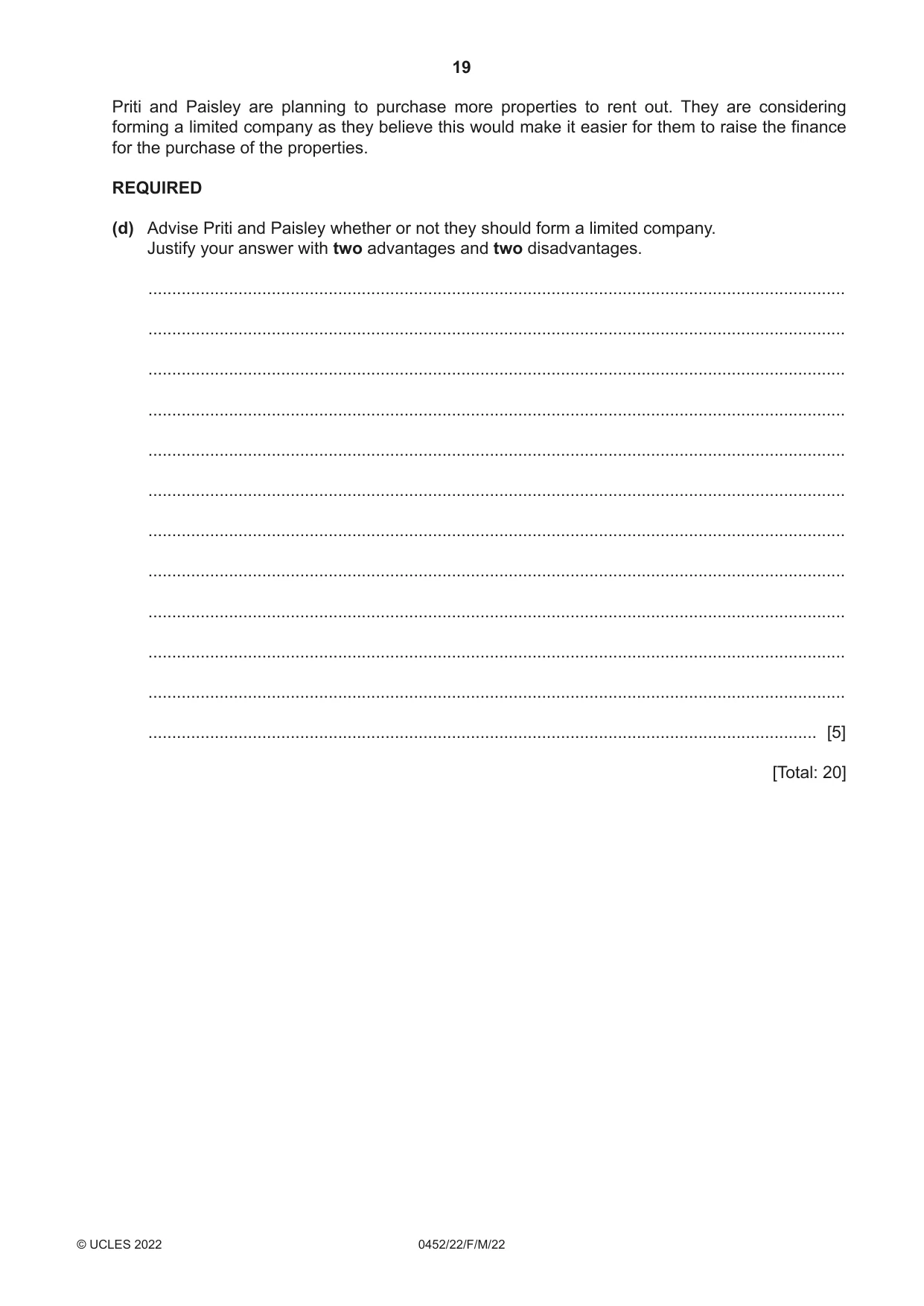 Cambridge IGCSE Accounting 0452 2022 Feb/March Paper 2 · Variant 2 question paper, page 19 of 20