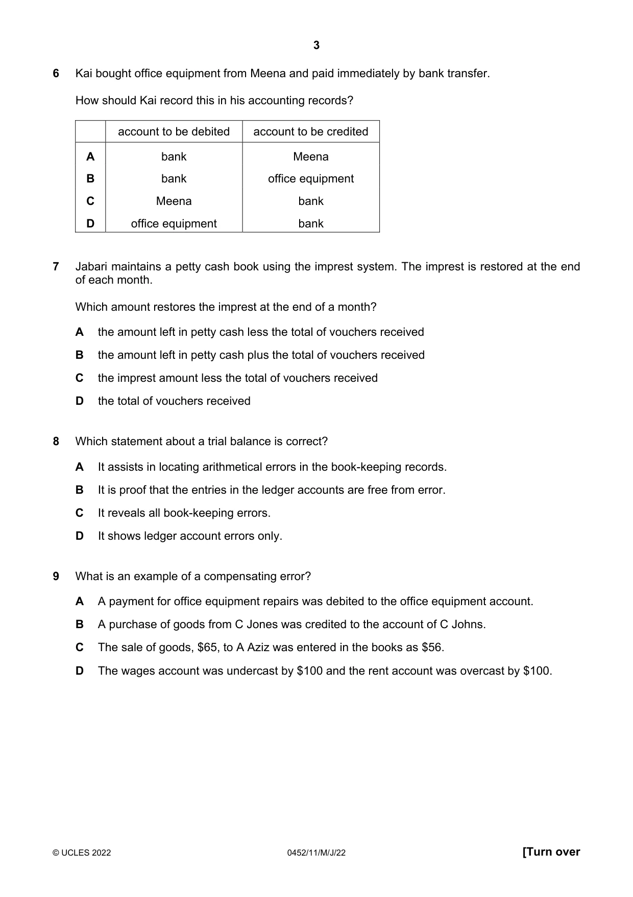 Cambridge IGCSE Accounting 0452 2022 May/June Paper 1 · Variant 1 question paper, page 3 of 12