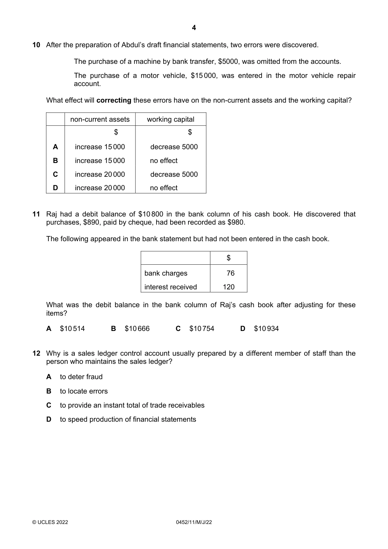 Cambridge IGCSE Accounting 0452 2022 May/June Paper 1 · Variant 1 question paper, page 4 of 12