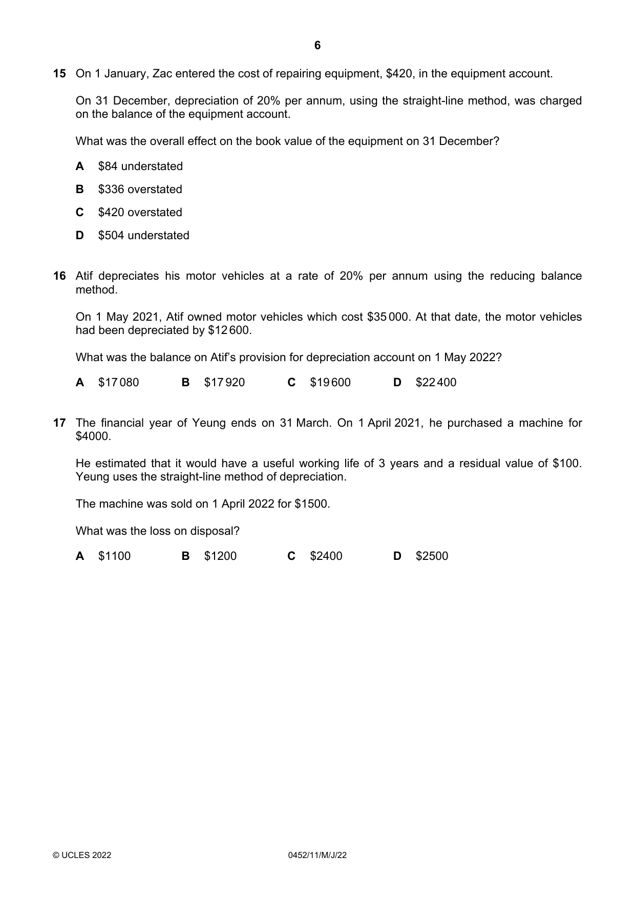 Cambridge IGCSE Accounting 0452 2022 May/June Paper 1 · Variant 1 question paper, page 6 of 12