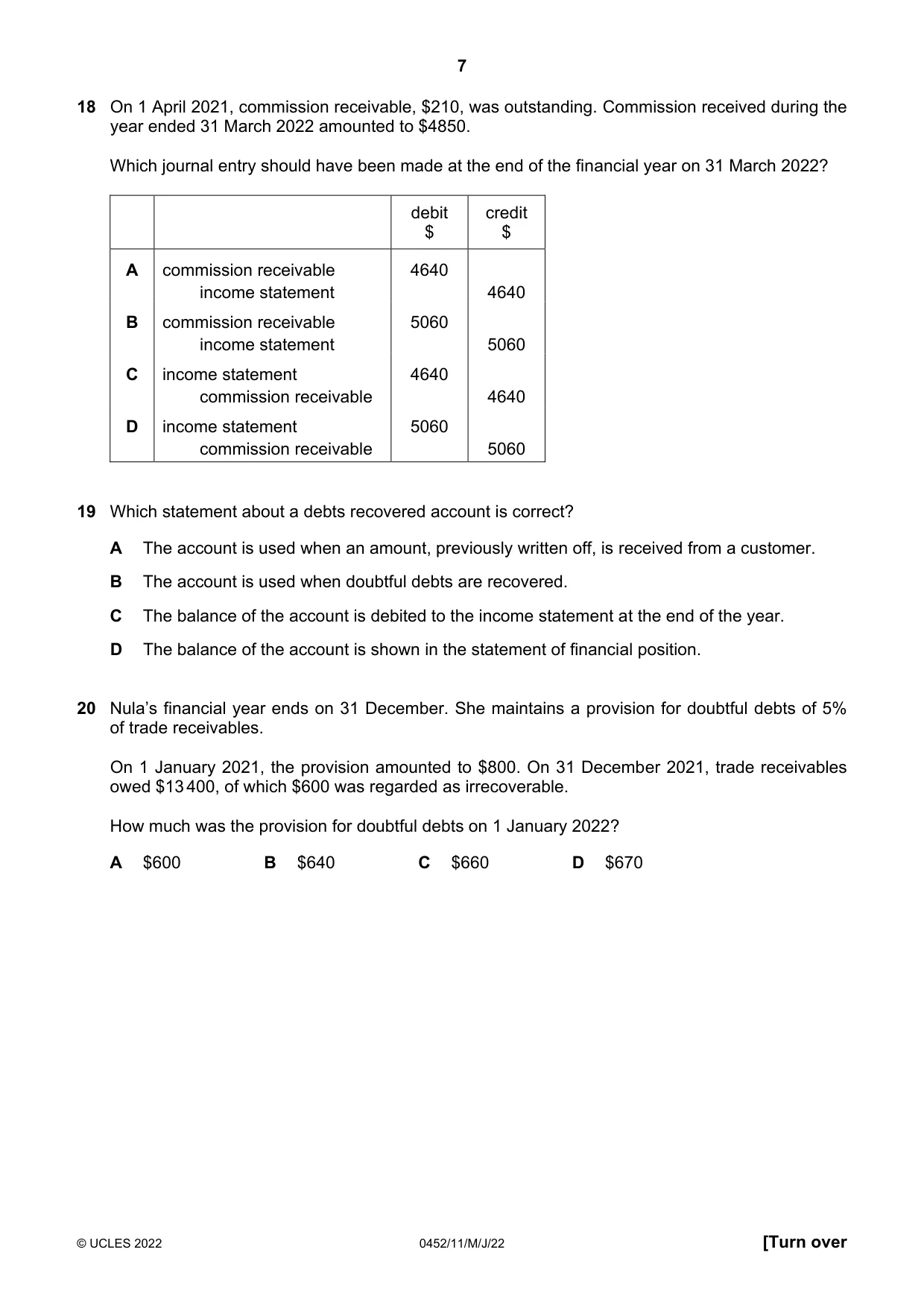 Cambridge IGCSE Accounting 0452 2022 May/June Paper 1 · Variant 1 question paper, page 7 of 12
