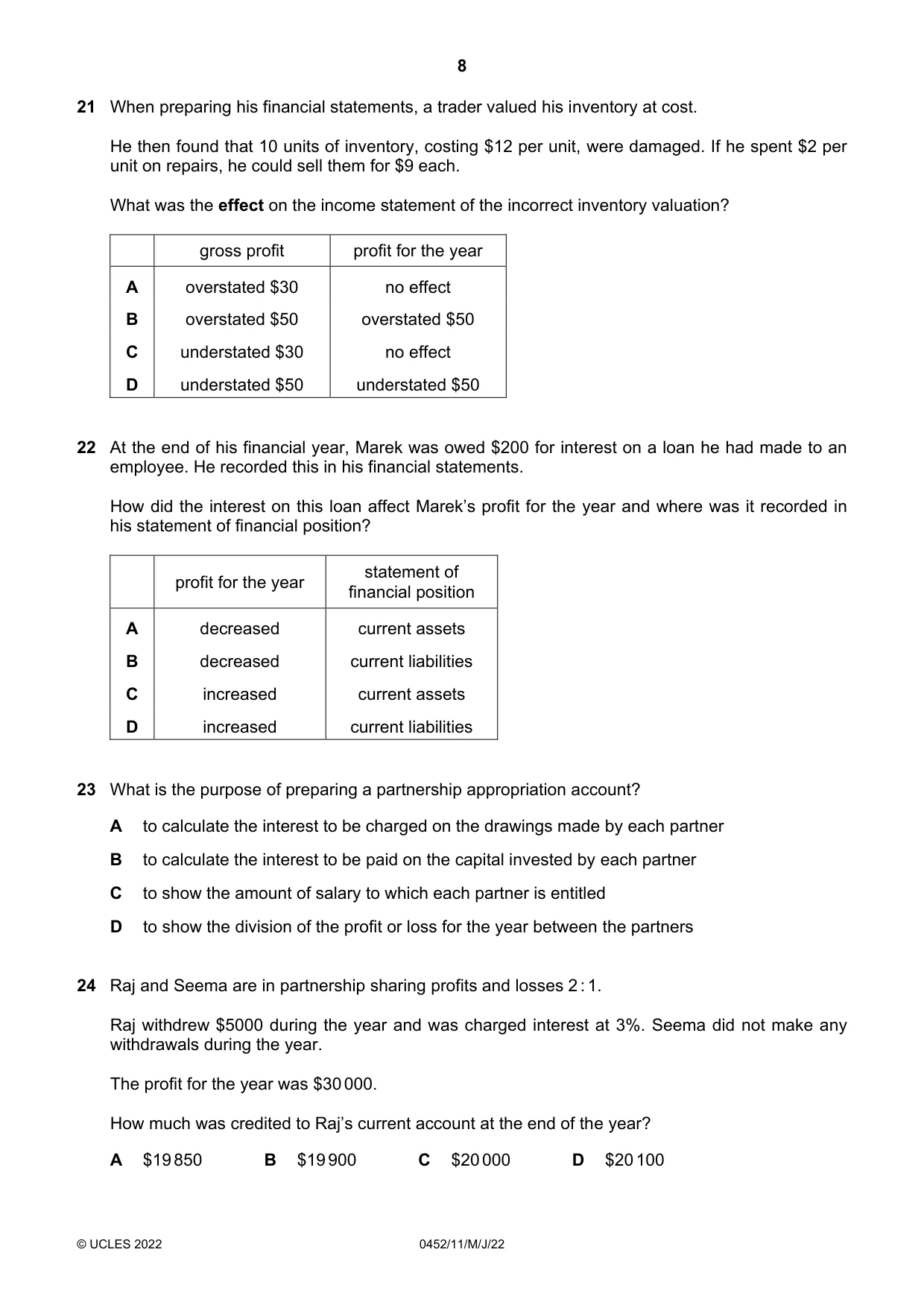 Cambridge IGCSE Accounting 0452 2022 May/June Paper 1 · Variant 1 question paper, page 8 of 12