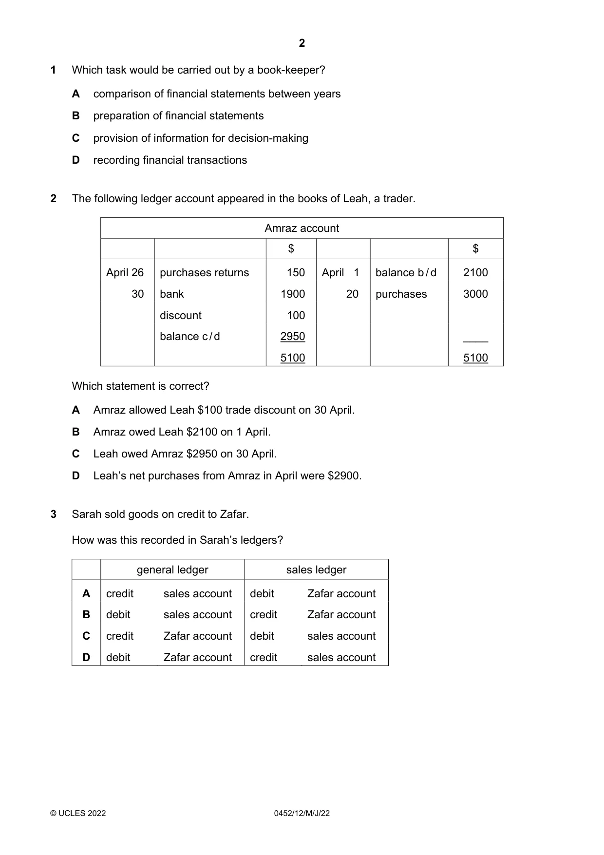 Cambridge IGCSE Accounting 0452 2022 May/June Paper 1 · Variant 2 question paper, page 2 of 12