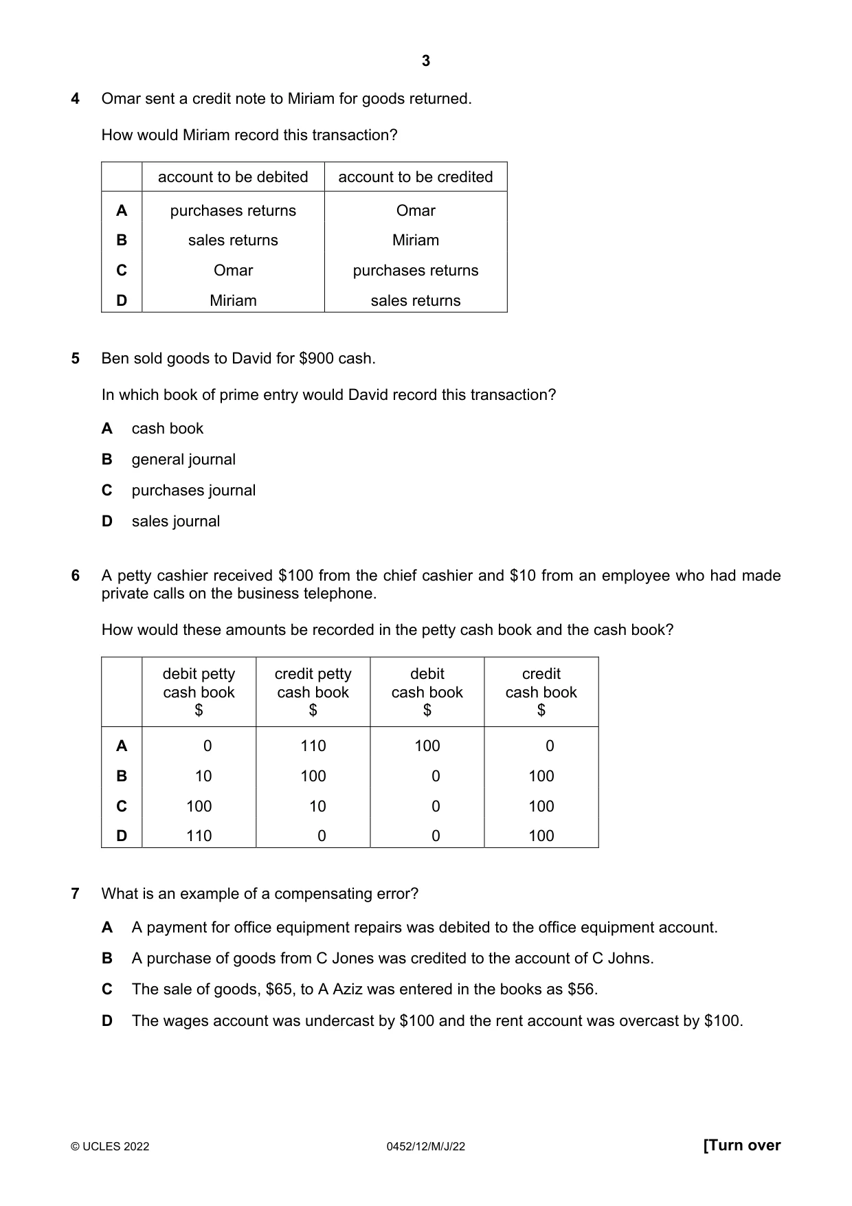 Cambridge IGCSE Accounting 0452 2022 May/June Paper 1 · Variant 2 question paper, page 3 of 12