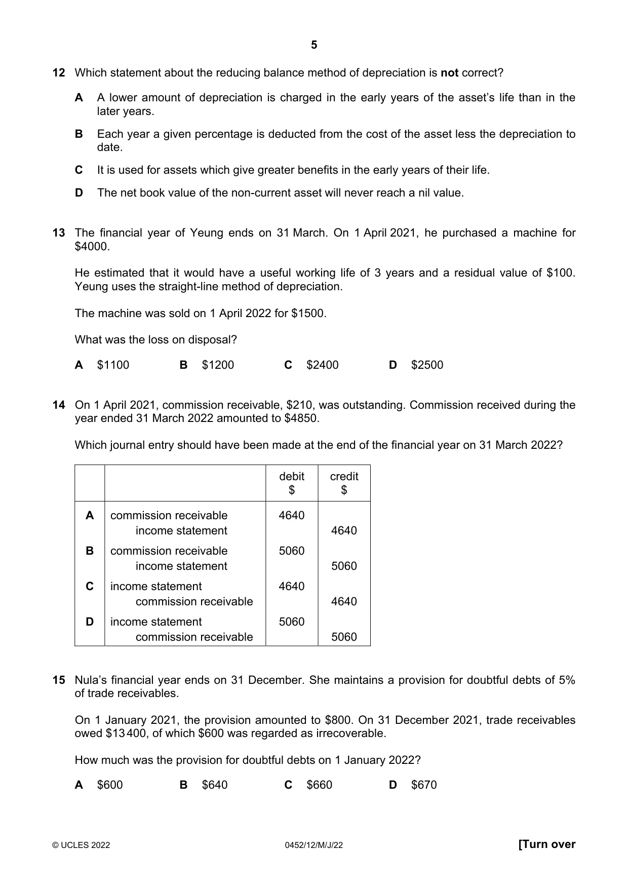 Cambridge IGCSE Accounting 0452 2022 May/June Paper 1 · Variant 2 question paper, page 5 of 12