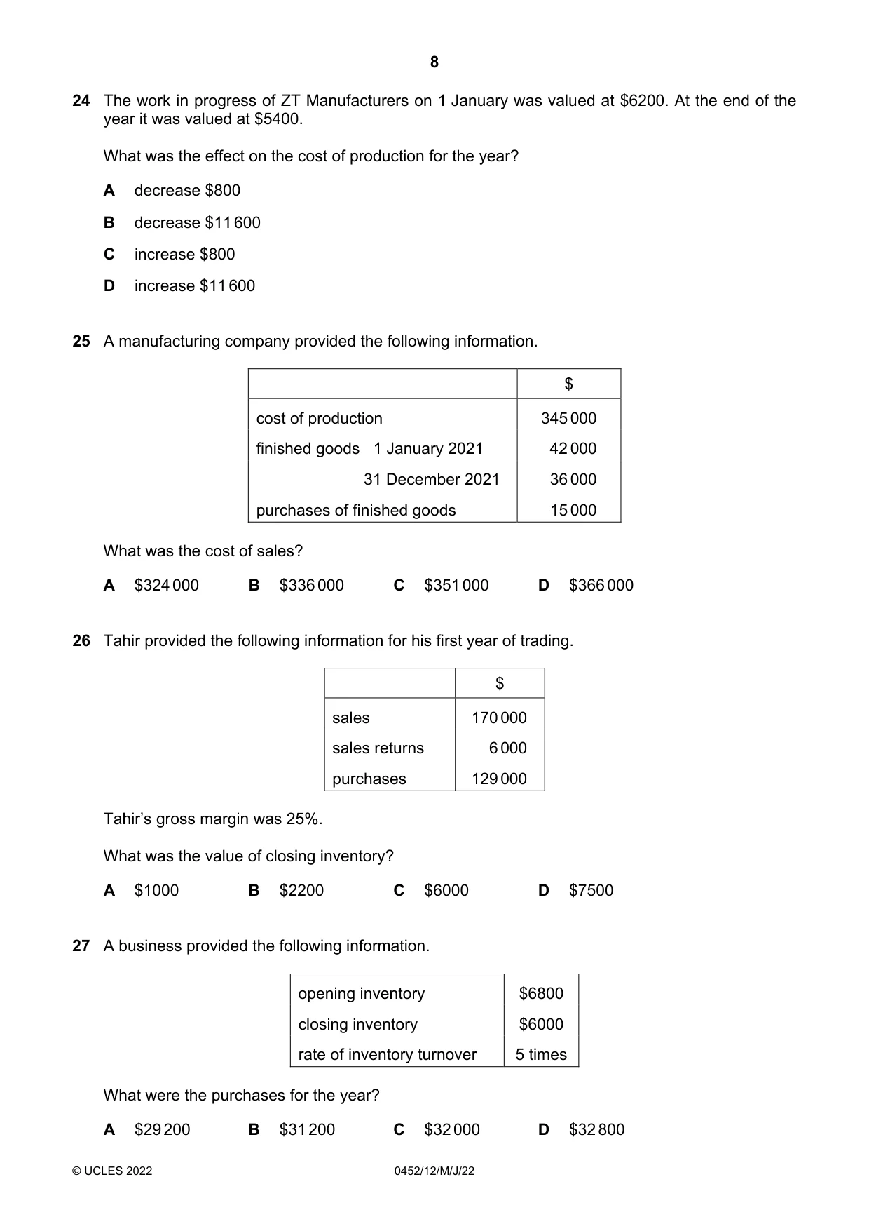 Cambridge IGCSE Accounting 0452 2022 May/June Paper 1 · Variant 2 question paper, page 8 of 12