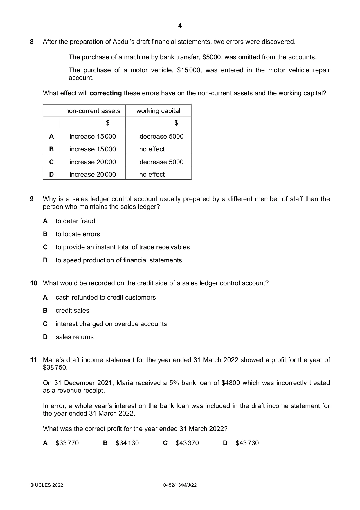 Cambridge IGCSE Accounting 0452 2022 May/June Paper 1 · Variant 3 question paper, page 4 of 12