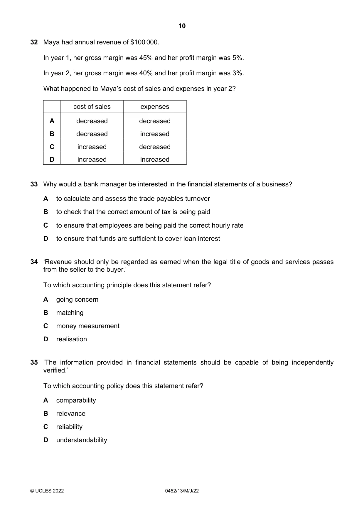 Cambridge IGCSE Accounting 0452 2022 May/June Paper 1 · Variant 3 question paper, page 10 of 12