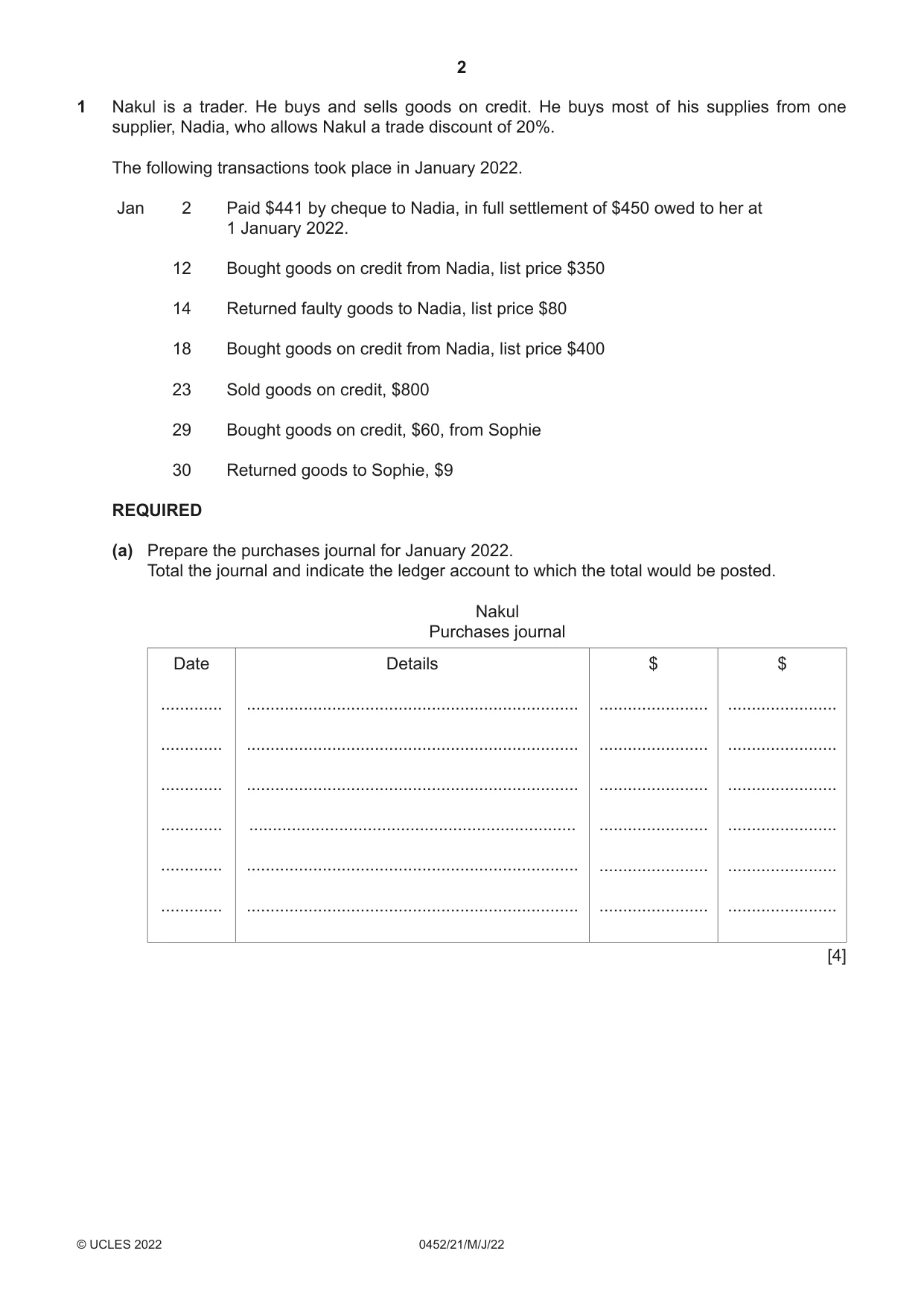 Cambridge IGCSE Accounting 0452 2022 May/June Paper 2 · Variant 1 question paper, page 2 of 20