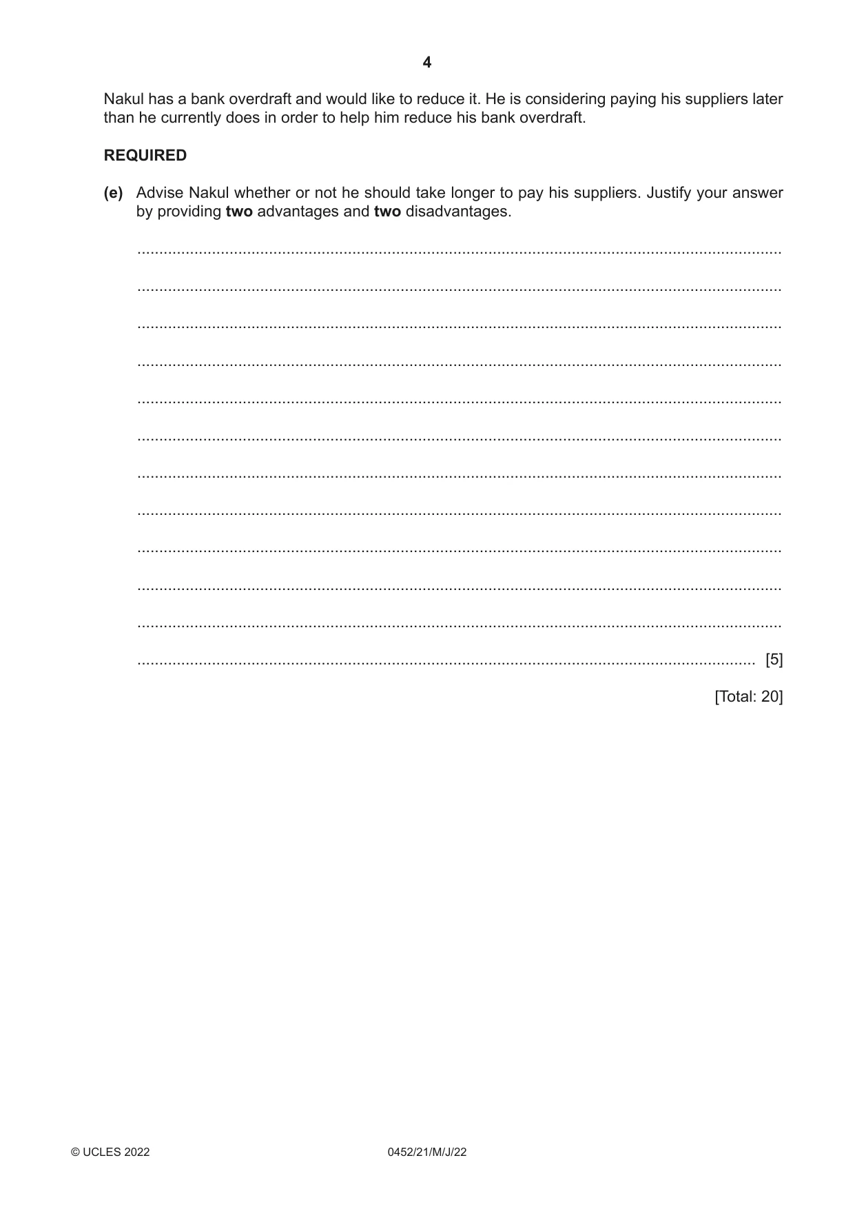 Cambridge IGCSE Accounting 0452 2022 May/June Paper 2 · Variant 1 question paper, page 4 of 20