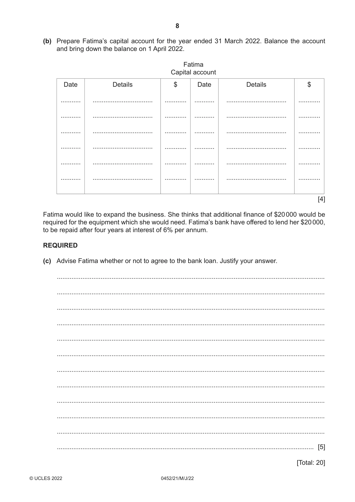 Cambridge IGCSE Accounting 0452 2022 May/June Paper 2 · Variant 1 question paper, page 8 of 20
