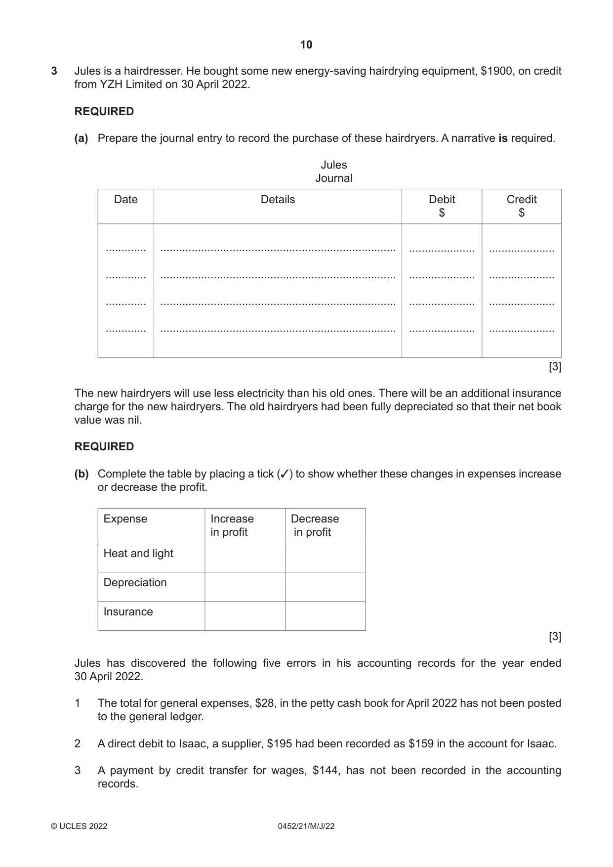 Cambridge IGCSE Accounting 0452 2022 May/June Paper 2 · Variant 1 question paper, page 10 of 20