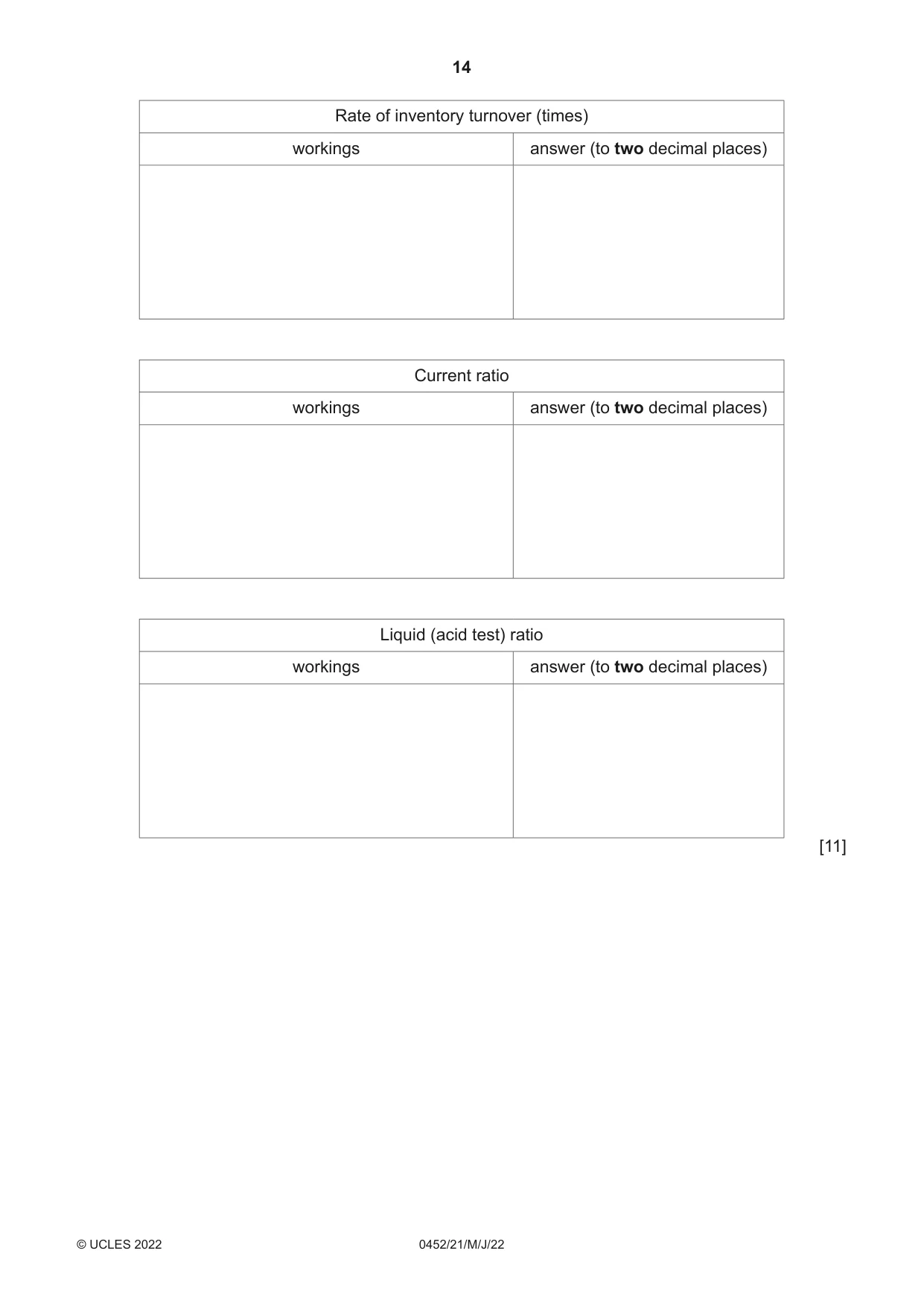Cambridge IGCSE Accounting 0452 2022 May/June Paper 2 · Variant 1 question paper, page 14 of 20