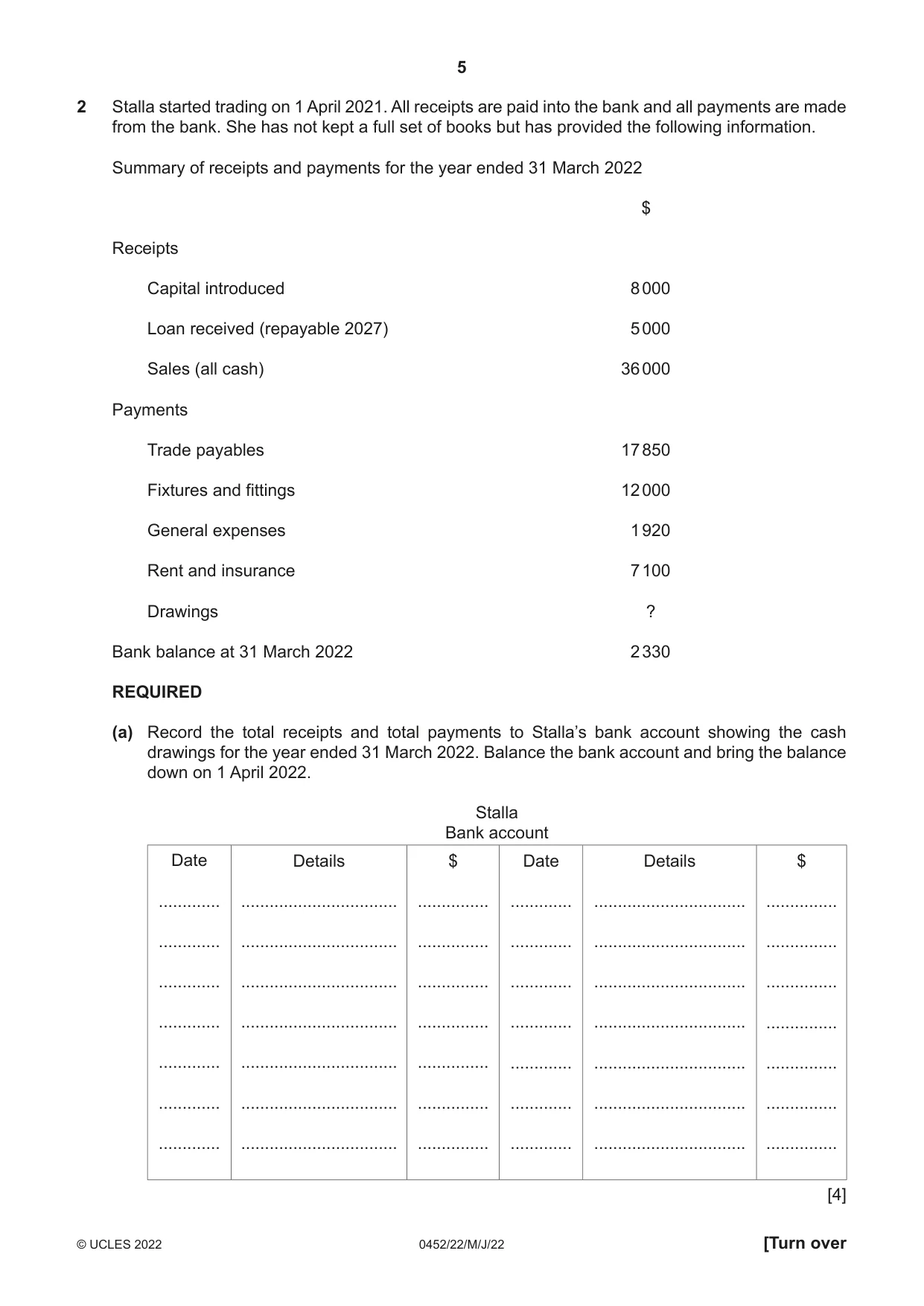 Cambridge IGCSE Accounting 0452 2022 May/June Paper 2 · Variant 2 question paper, page 5 of 20