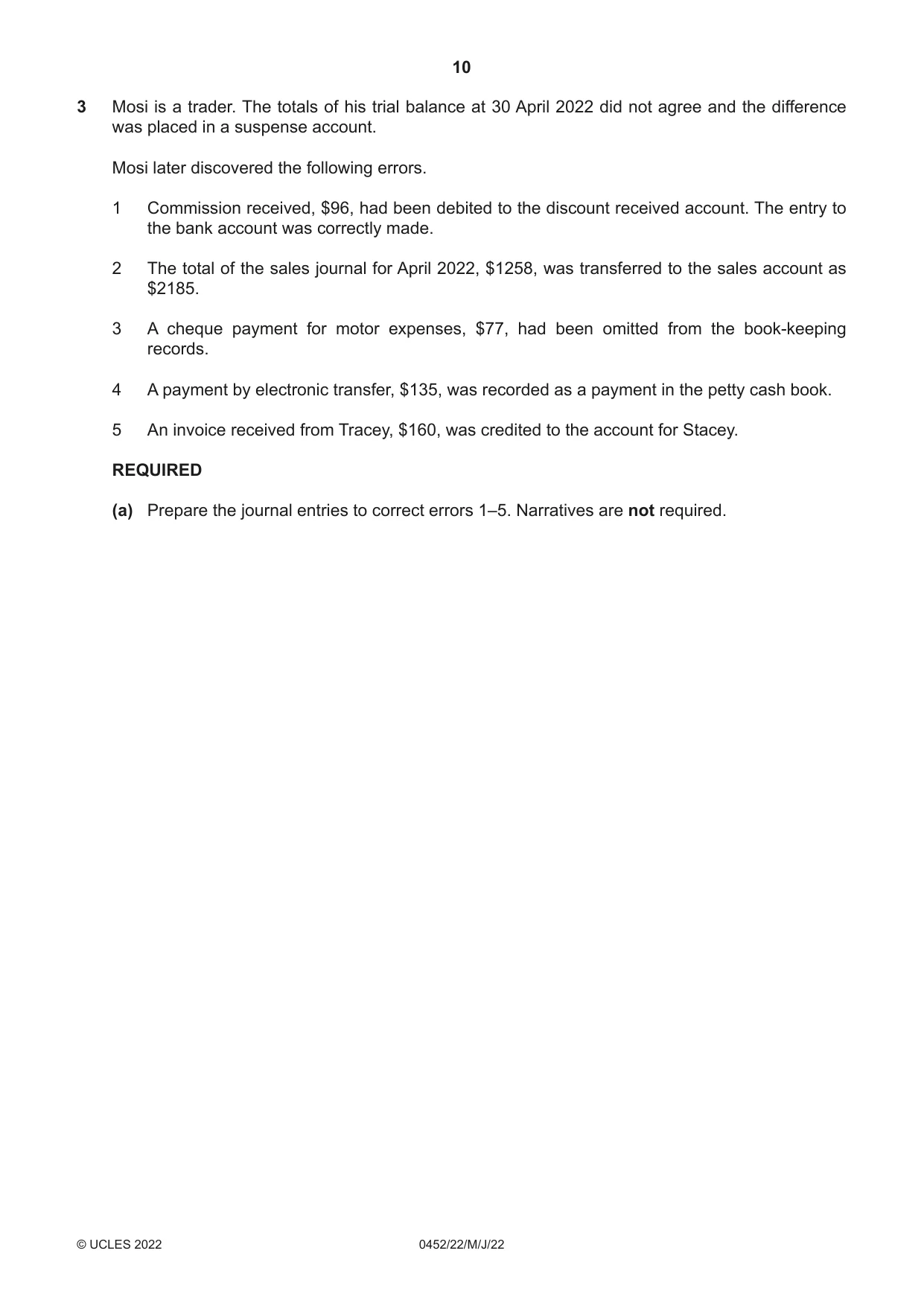 Cambridge IGCSE Accounting 0452 2022 May/June Paper 2 · Variant 2 question paper, page 10 of 20