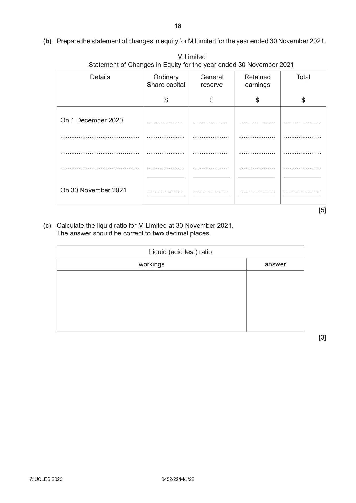 Cambridge IGCSE Accounting 0452 2022 May/June Paper 2 · Variant 2 question paper, page 18 of 20