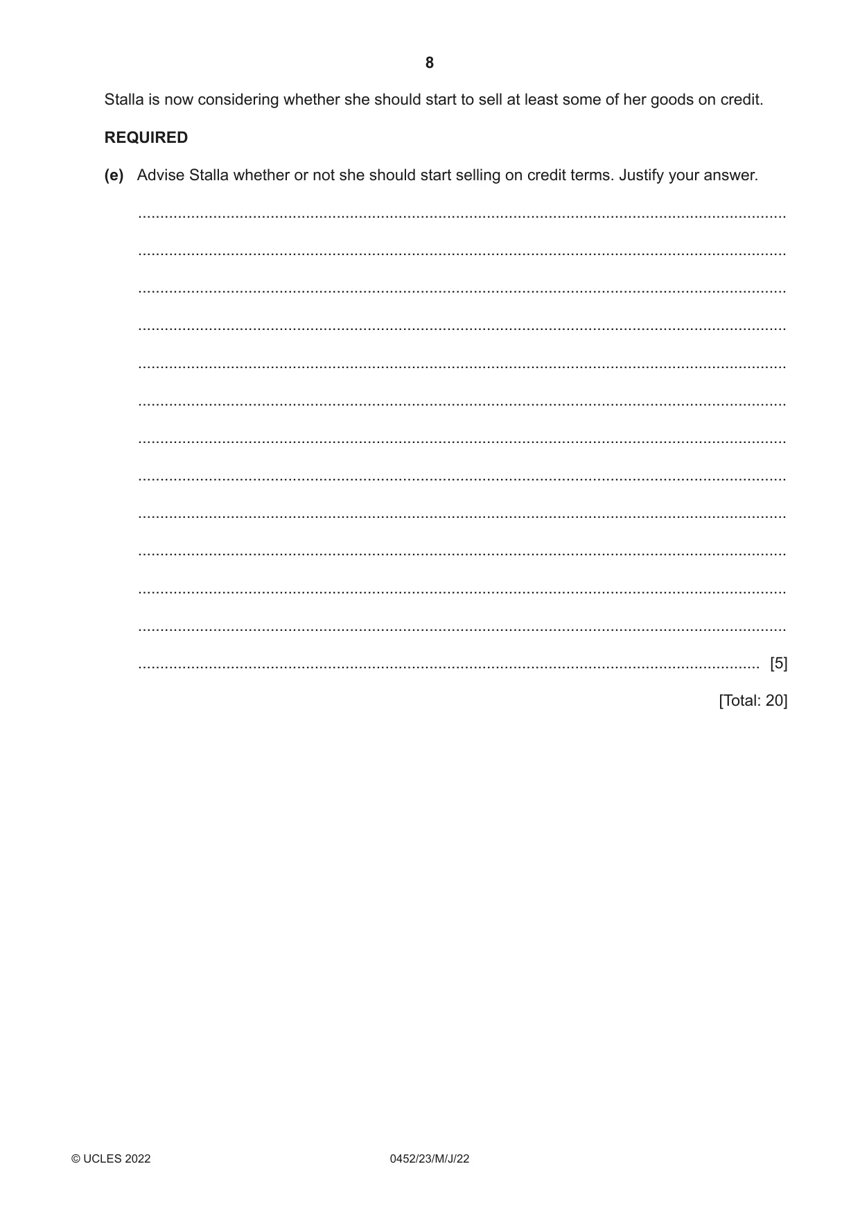 Cambridge IGCSE Accounting 0452 2022 May/June Paper 2 · Variant 3 question paper, page 8 of 20