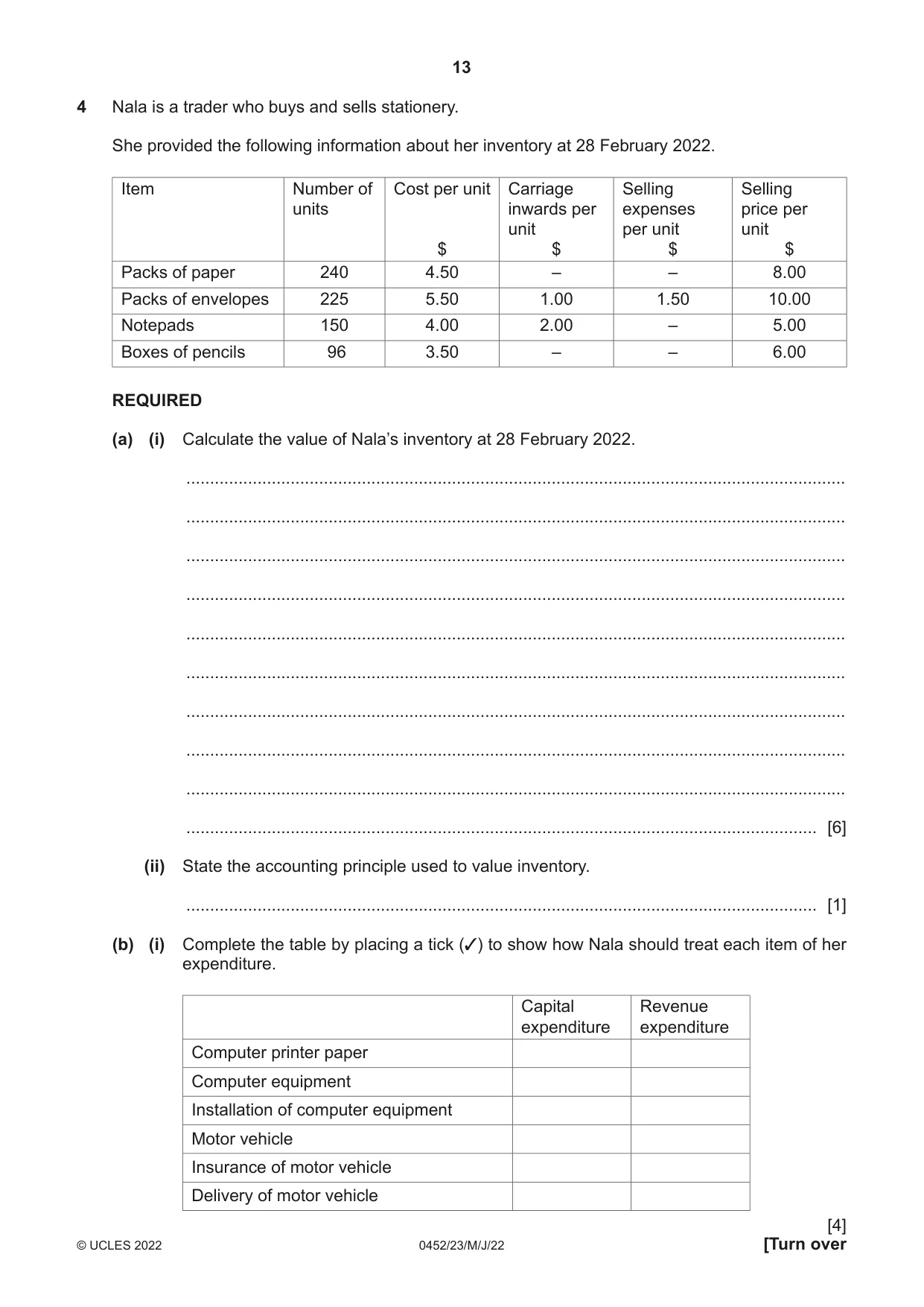 Cambridge IGCSE Accounting 0452 2022 May/June Paper 2 · Variant 3 question paper, page 13 of 20