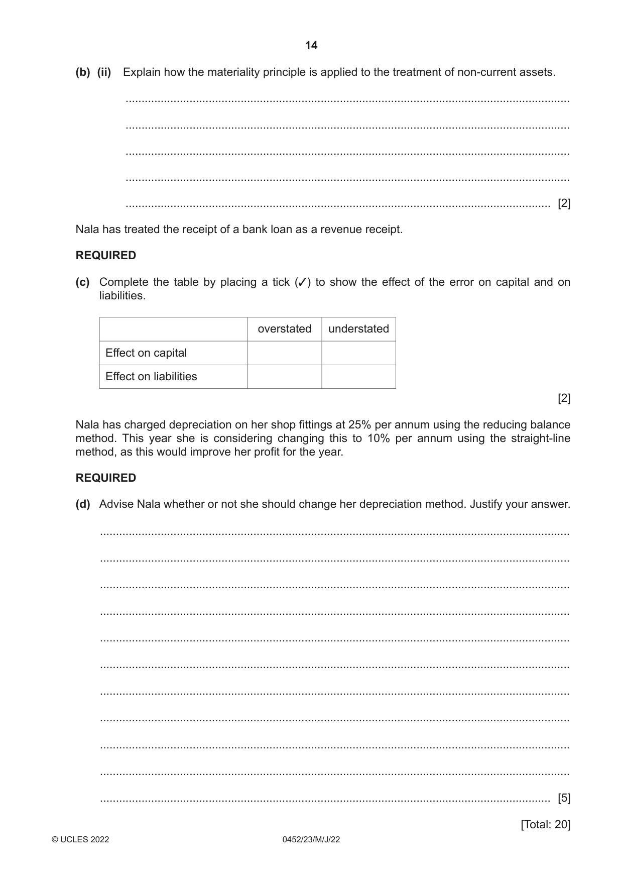 Cambridge IGCSE Accounting 0452 2022 May/June Paper 2 · Variant 3 question paper, page 14 of 20