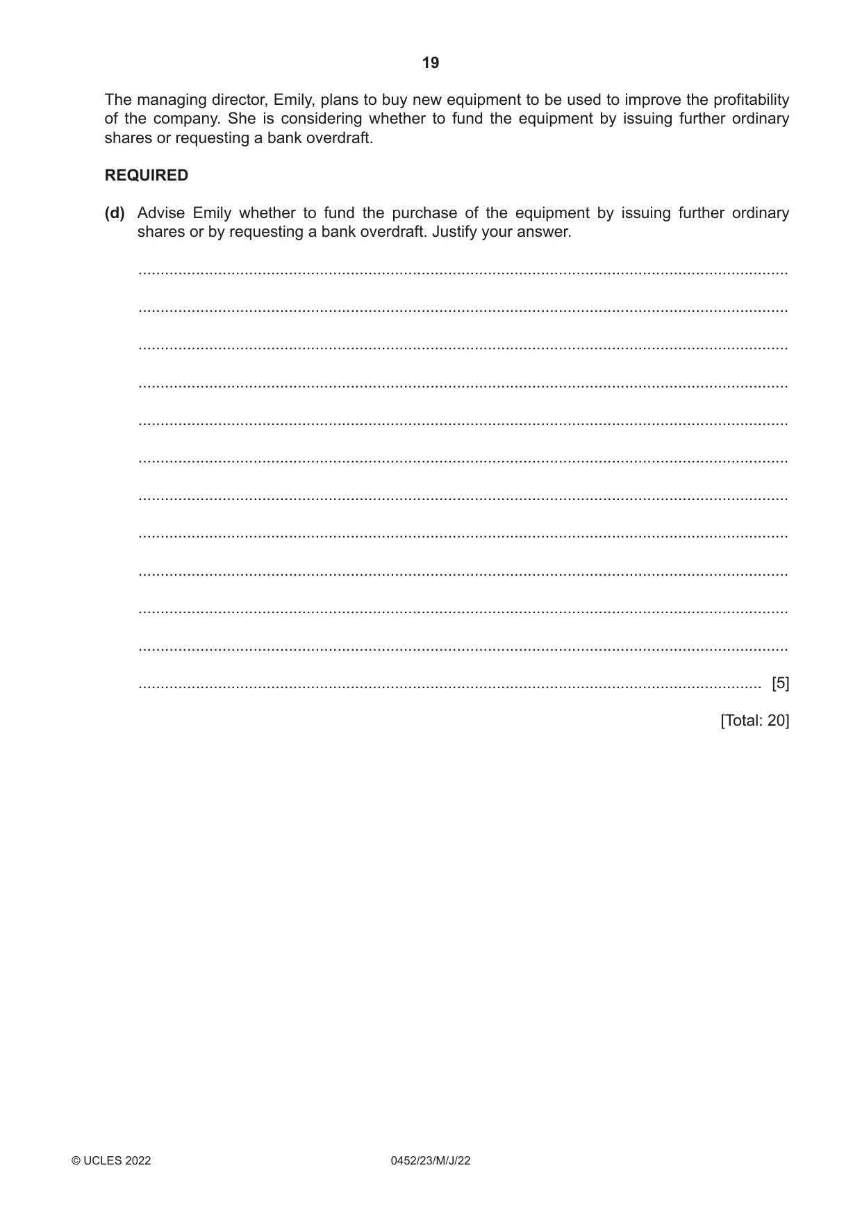 Cambridge IGCSE Accounting 0452 2022 May/June Paper 2 · Variant 3 question paper, page 19 of 20