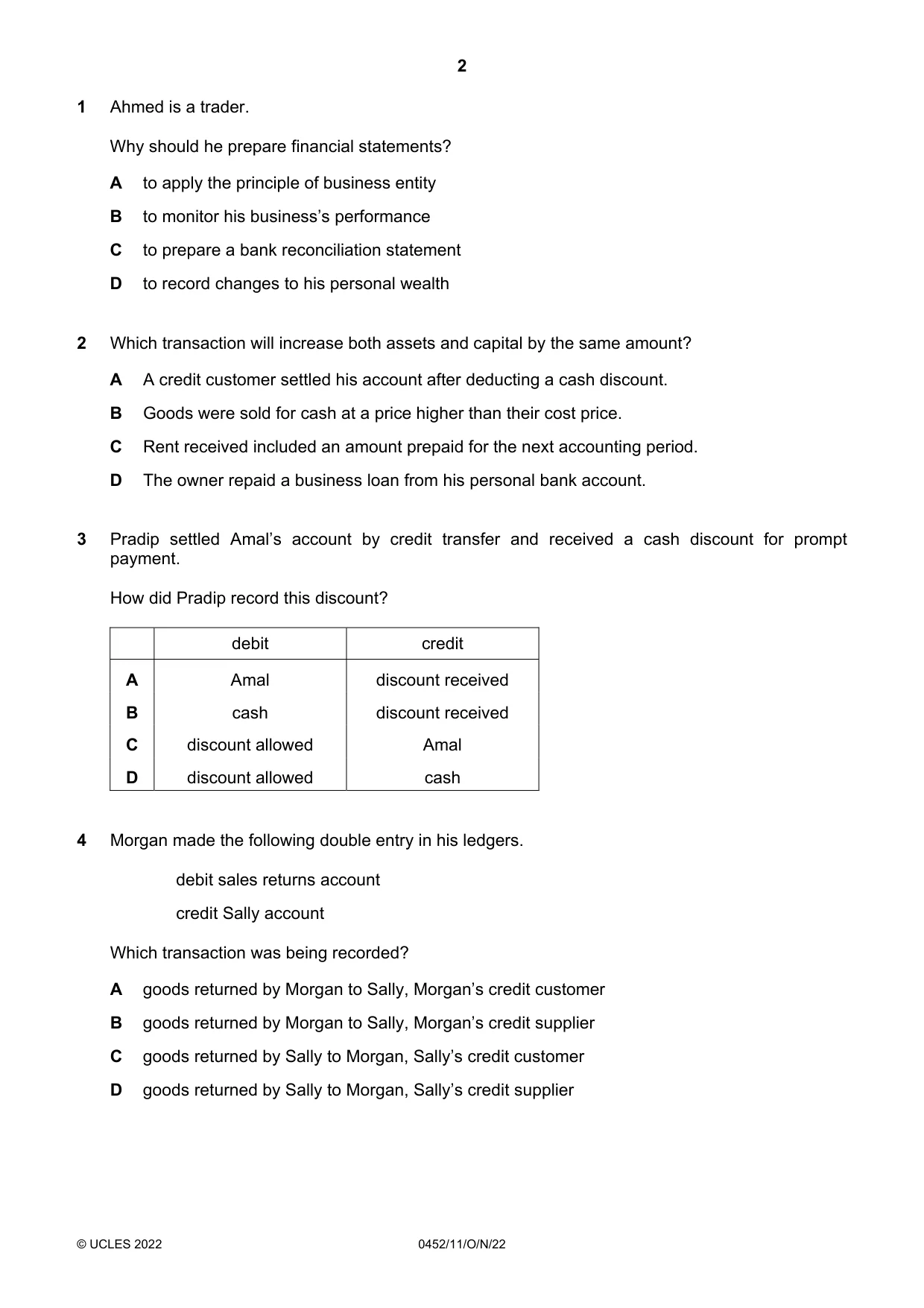 Cambridge IGCSE Accounting 0452 2022 Oct/Nov Paper 1 · Variant 1 question paper, page 2 of 12