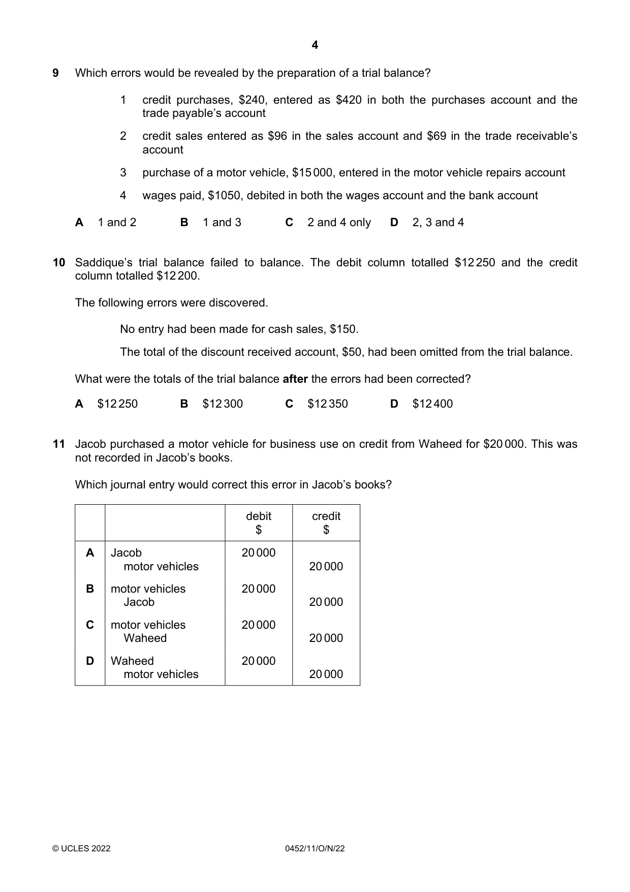 Cambridge IGCSE Accounting 0452 2022 Oct/Nov Paper 1 · Variant 1 question paper, page 4 of 12