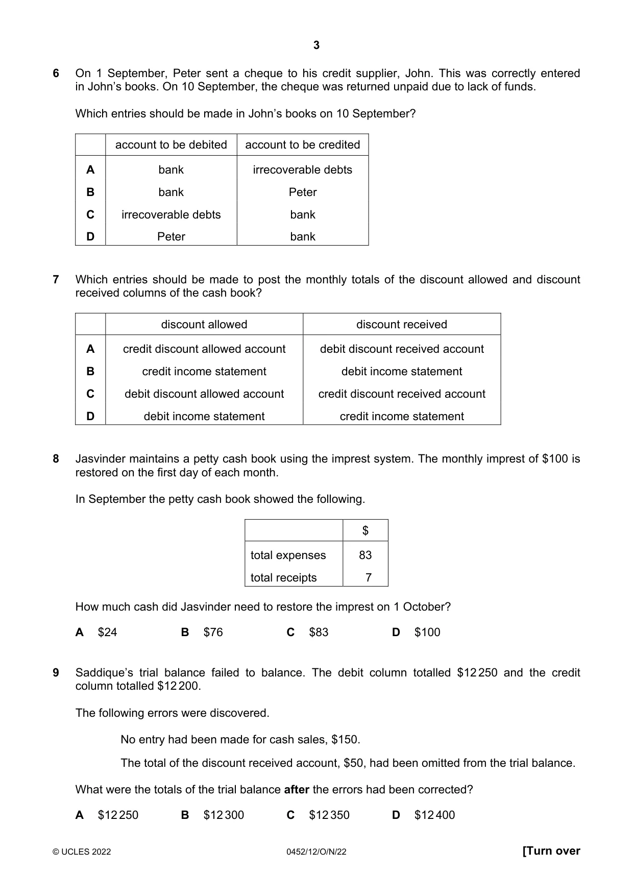 Cambridge IGCSE Accounting 0452 2022 Oct/Nov Paper 1 · Variant 2 question paper, page 3 of 12