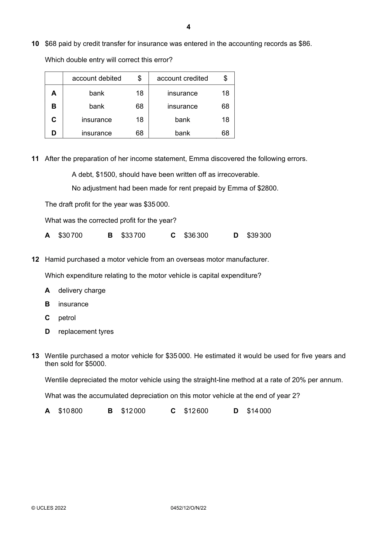 Cambridge IGCSE Accounting 0452 2022 Oct/Nov Paper 1 · Variant 2 question paper, page 4 of 12