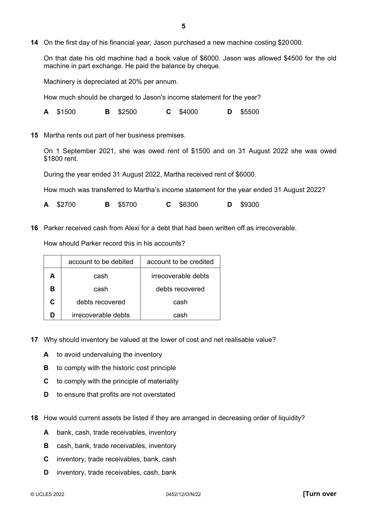 Cambridge IGCSE Accounting 0452 2022 Oct/Nov Paper 1 · Variant 2 question paper, page 5 of 12