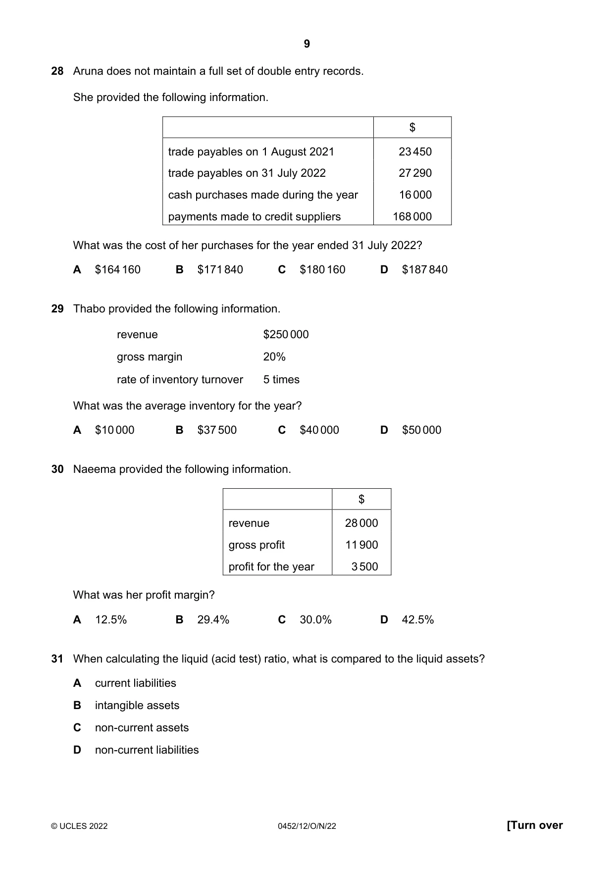 Cambridge IGCSE Accounting 0452 2022 Oct/Nov Paper 1 · Variant 2 question paper, page 9 of 12