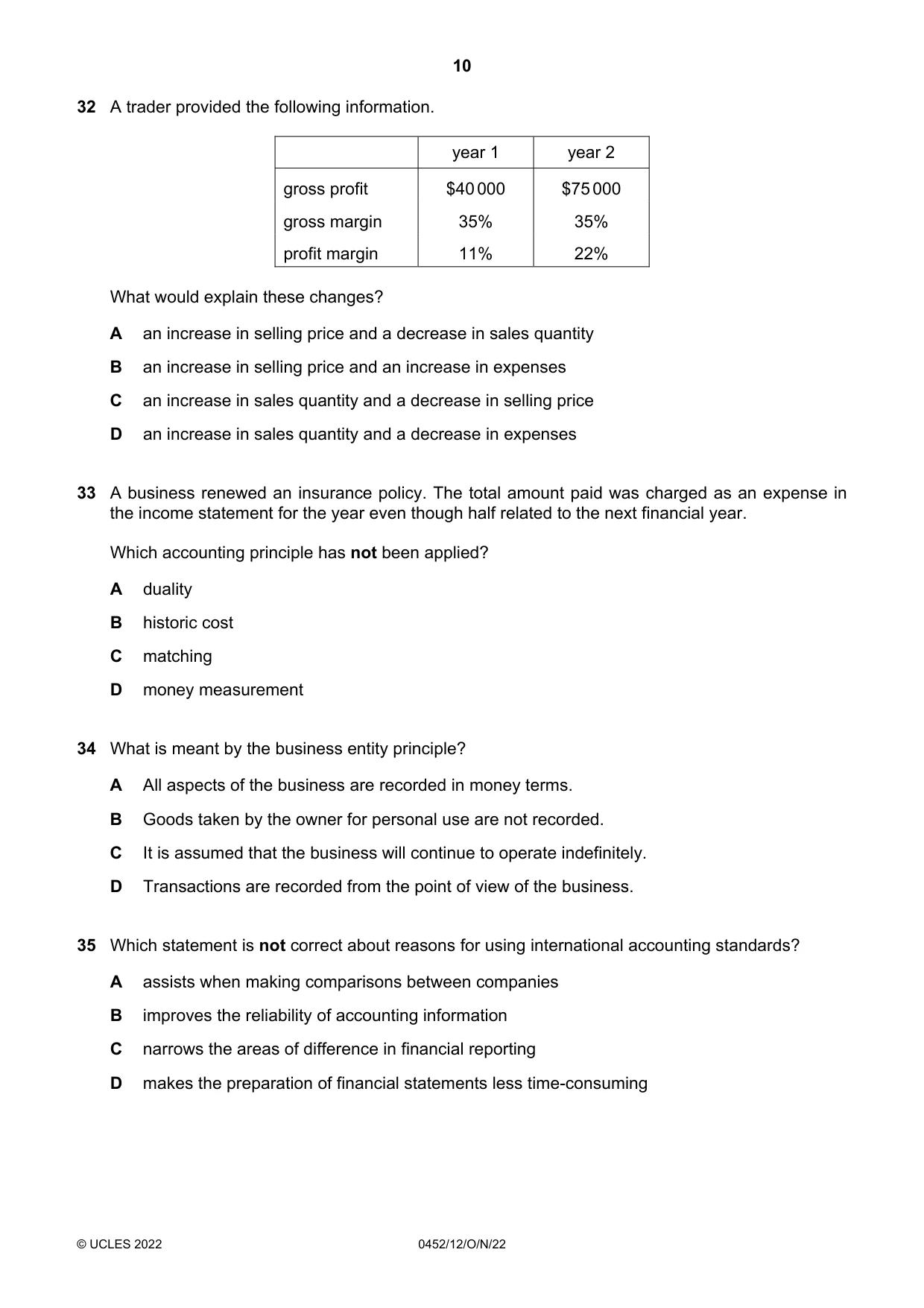 Cambridge IGCSE Accounting 0452 2022 Oct/Nov Paper 1 · Variant 2 question paper, page 10 of 12