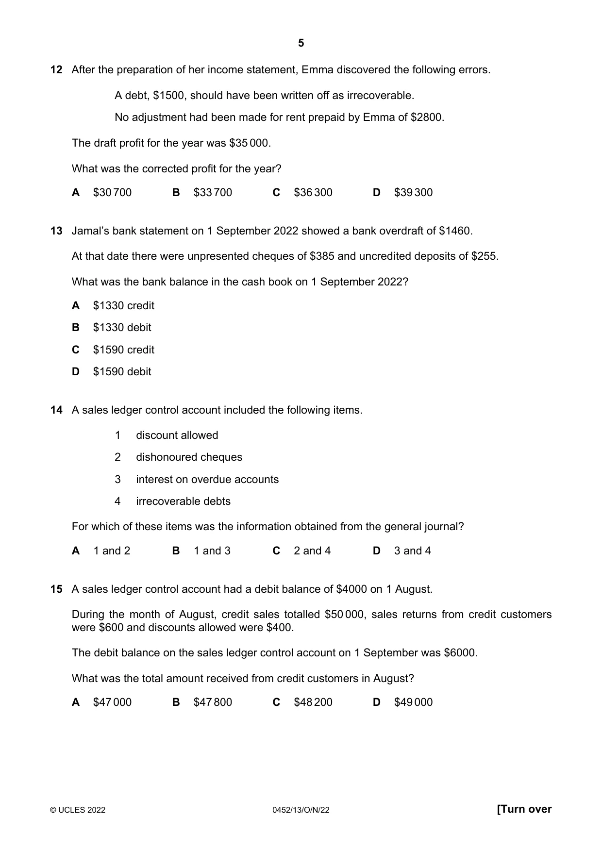 Cambridge IGCSE Accounting 0452 2022 Oct/Nov Paper 1 · Variant 3 question paper, page 5 of 12