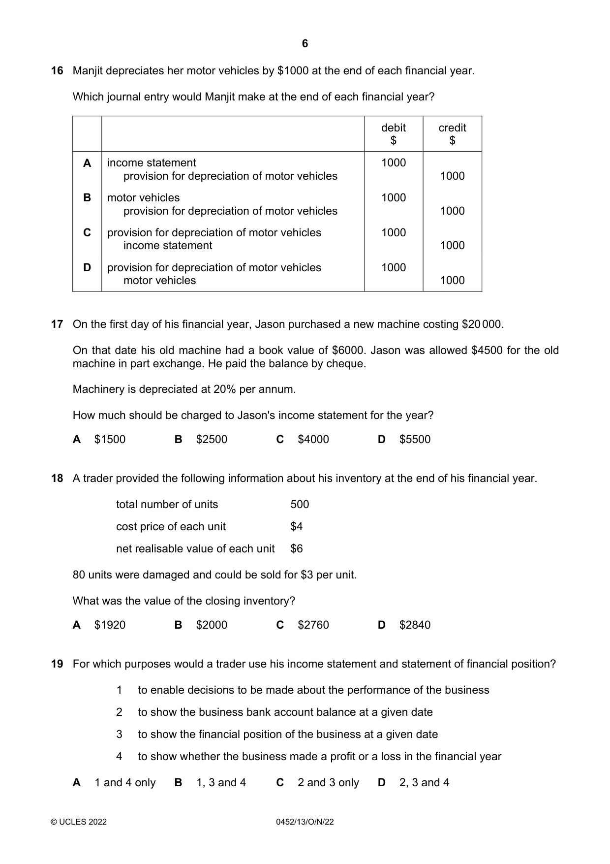 Cambridge IGCSE Accounting 0452 2022 Oct/Nov Paper 1 · Variant 3 question paper, page 6 of 12