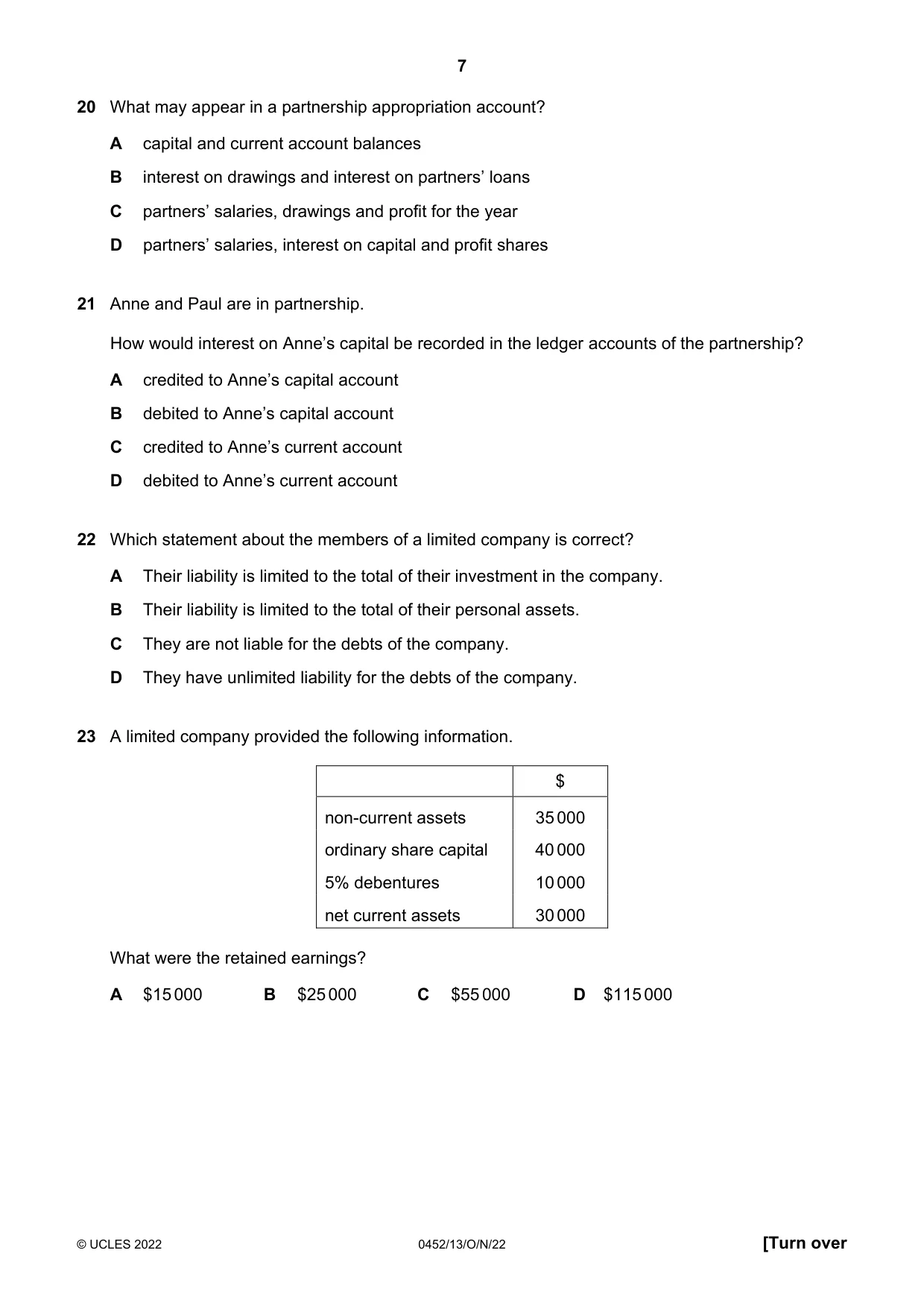 Cambridge IGCSE Accounting 0452 2022 Oct/Nov Paper 1 · Variant 3 question paper, page 7 of 12